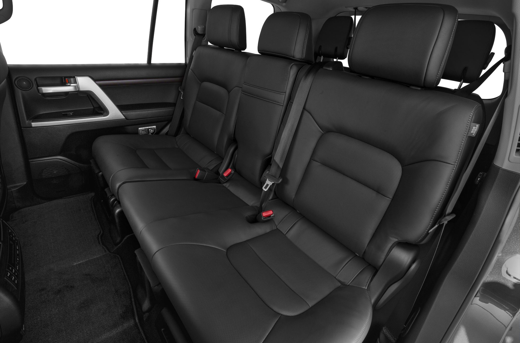 Rear interior with black leather seats and seatbelts