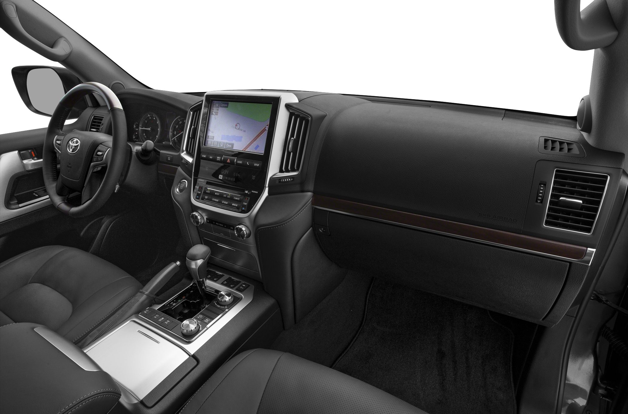 Modern car interior with dashboard, navigation display, steering wheel, and gear shift