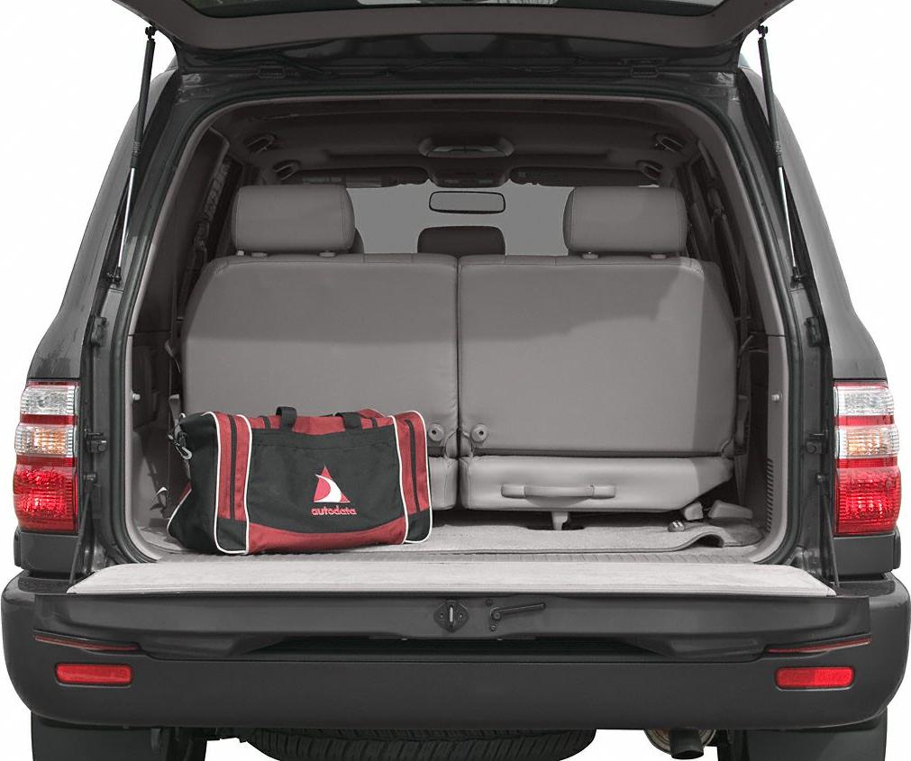 Open rear cargo space showing rear seats and a bag.