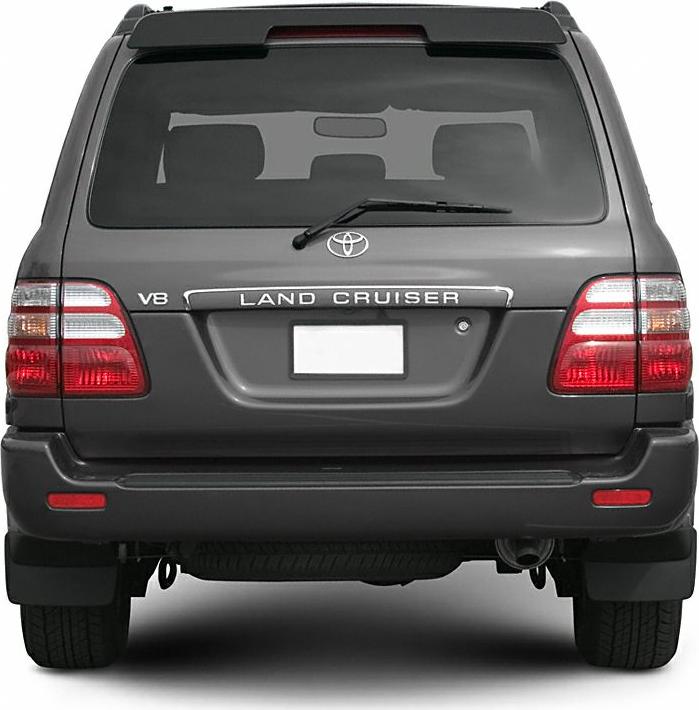 Rear view of SUV with V8 emblem and distinct tail lights