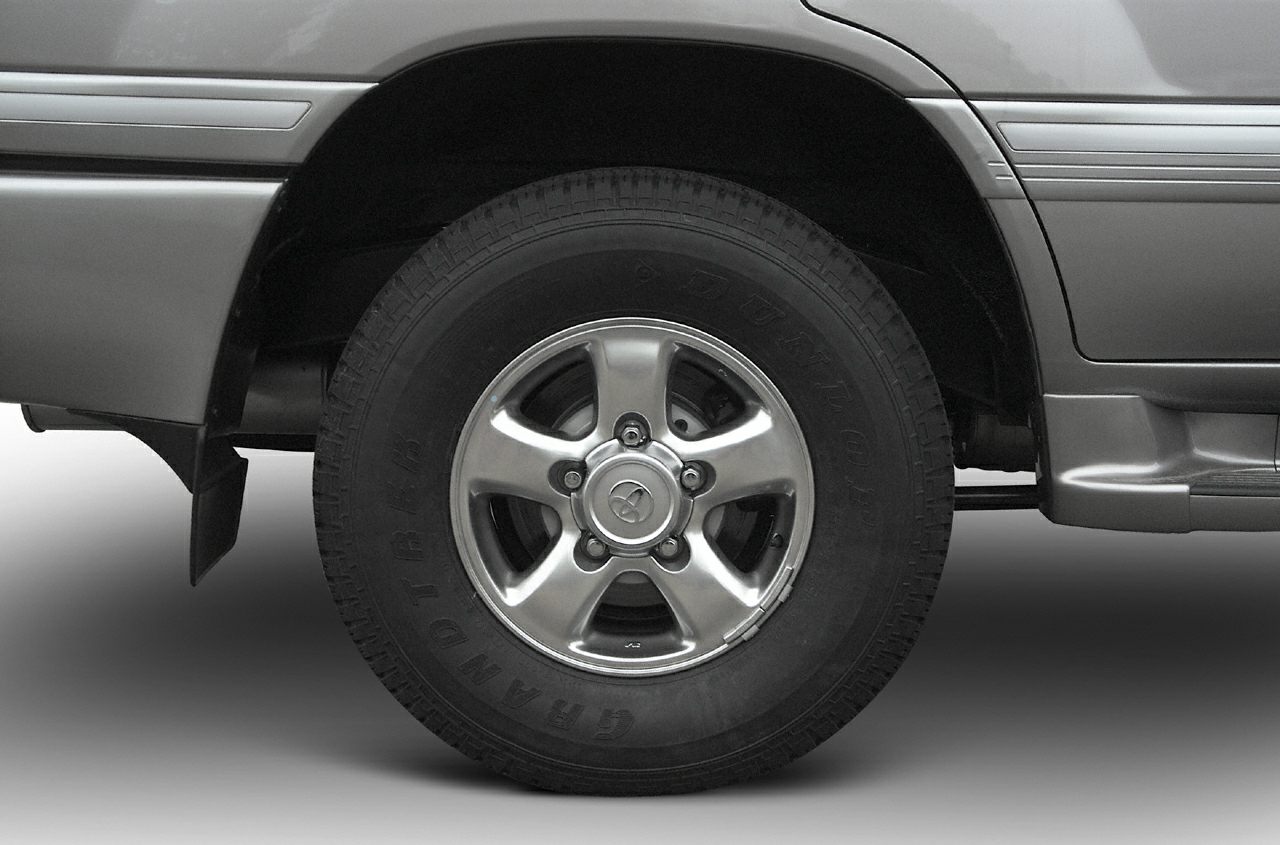 Close-up of alloy wheel and off-road tire on SUV