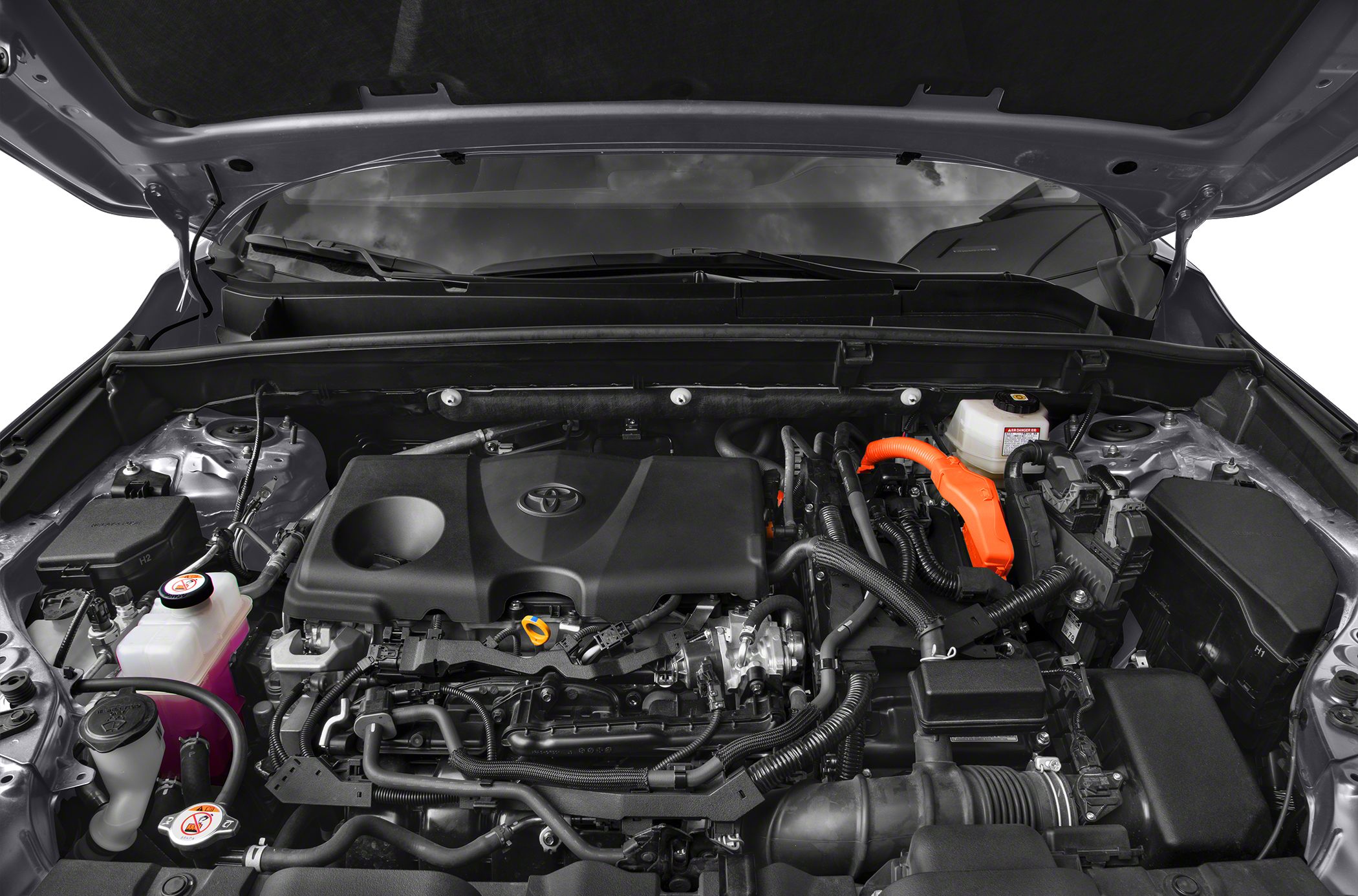 Hybrid engine bay with orange high-voltage cables and component layout