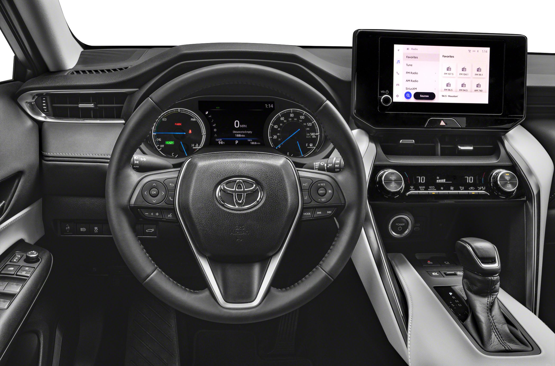 Interior dashboard and steering wheel with digital cluster and infotainment screen