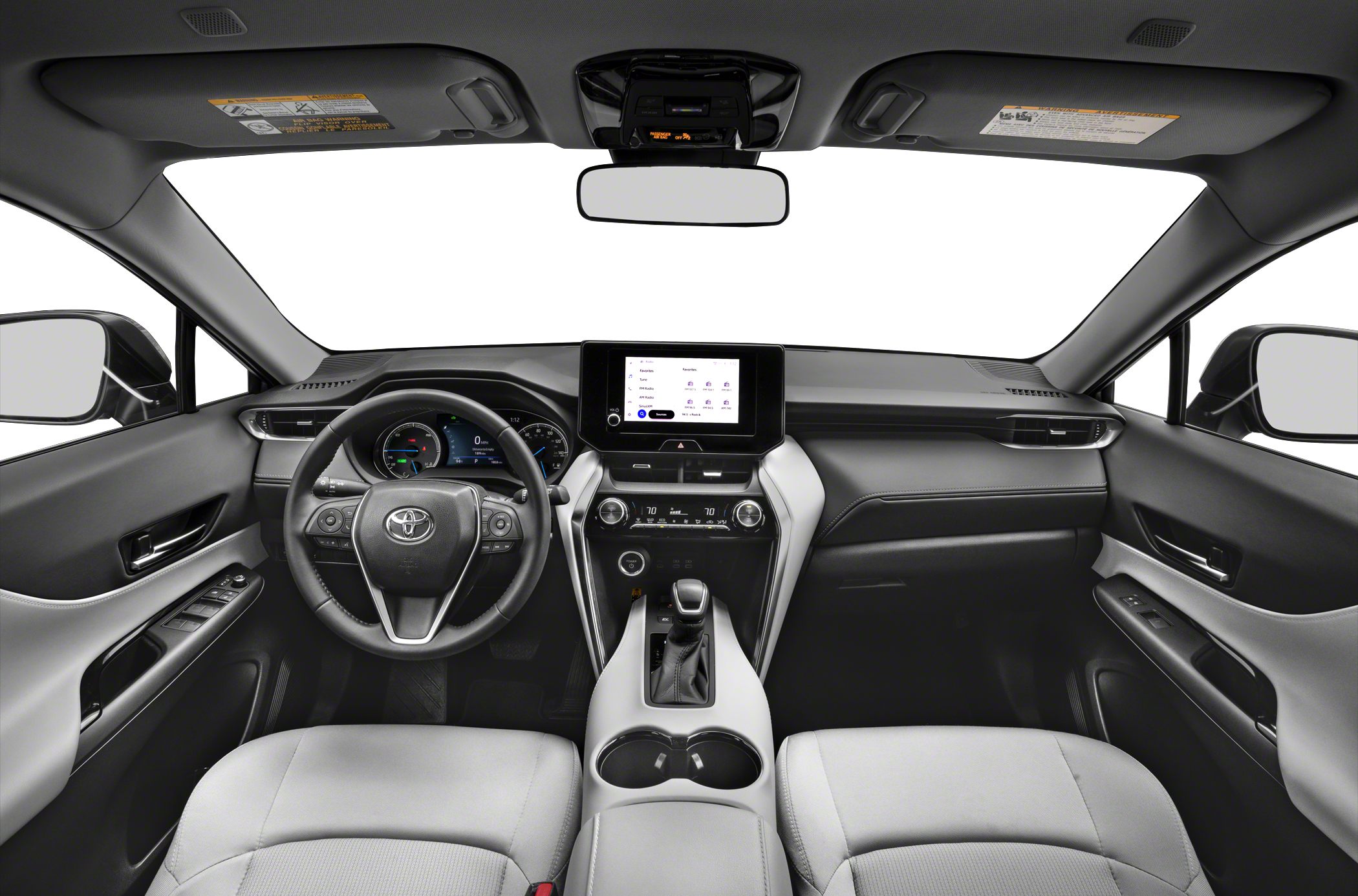 Modern car interior with dashboard and multifunction steering wheel