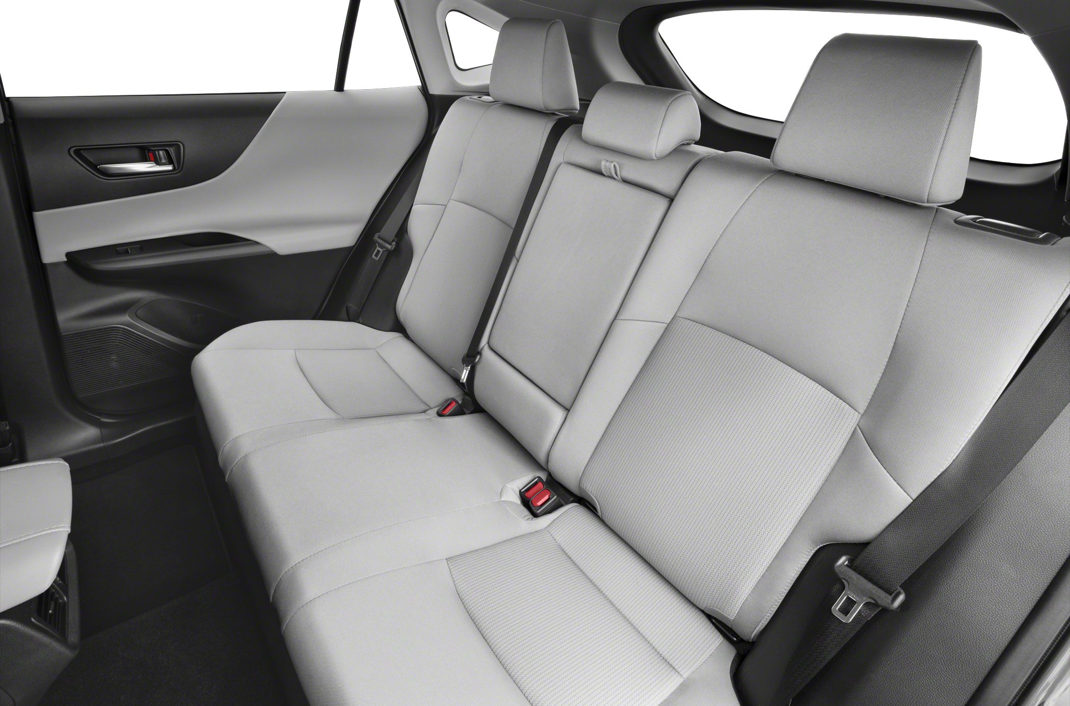 Fabric upholstered rear seats with headrests and seat belts.