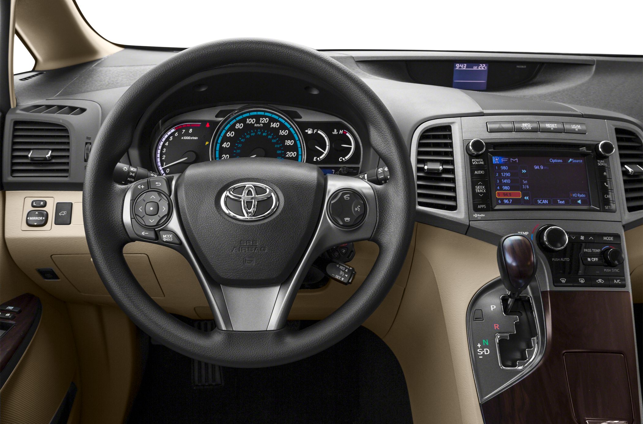Steering wheel, dashboard, and infotainment system with gear shifter