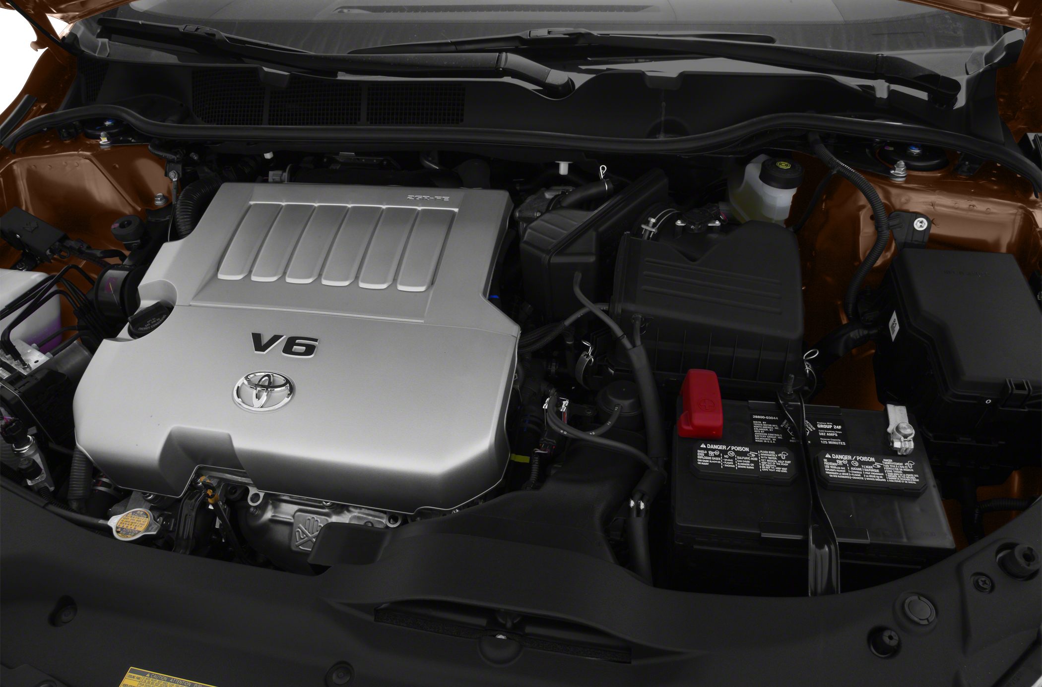 V6 engine cover and battery layout in engine compartment