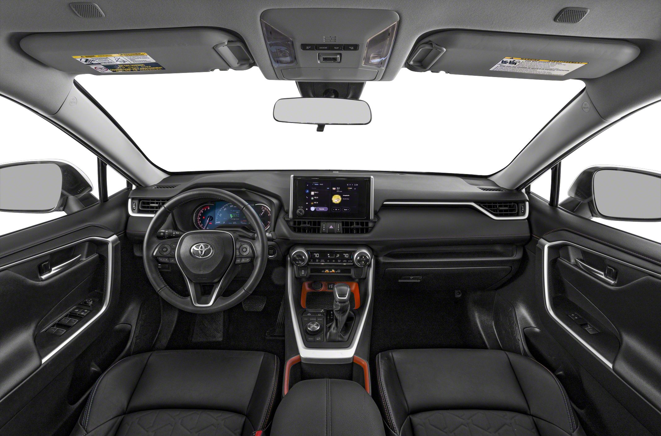 Digital instrument cluster, infotainment screen, leather seats, modern dashboard