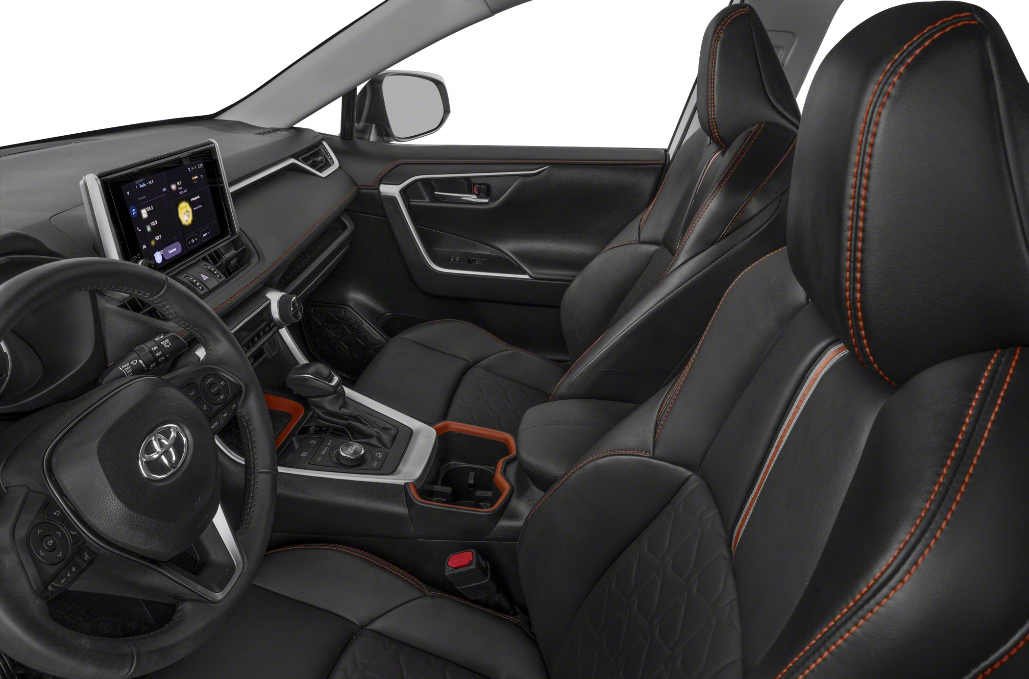 Black leather seats with red stitching and modern dashboard interior