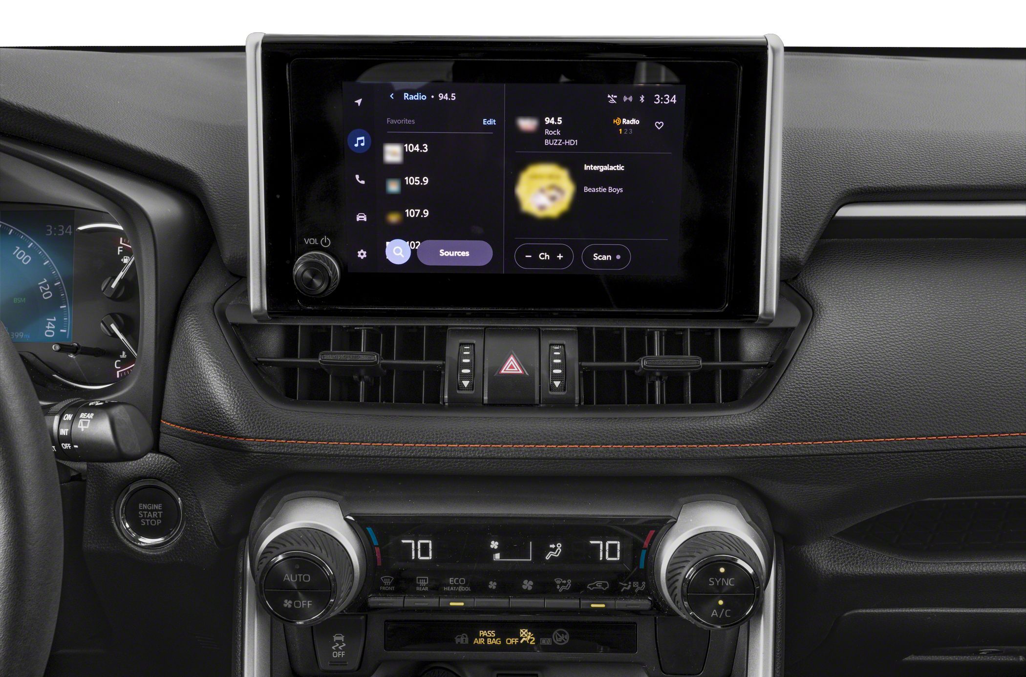 Touchscreen infotainment and dual-zone climate control panel