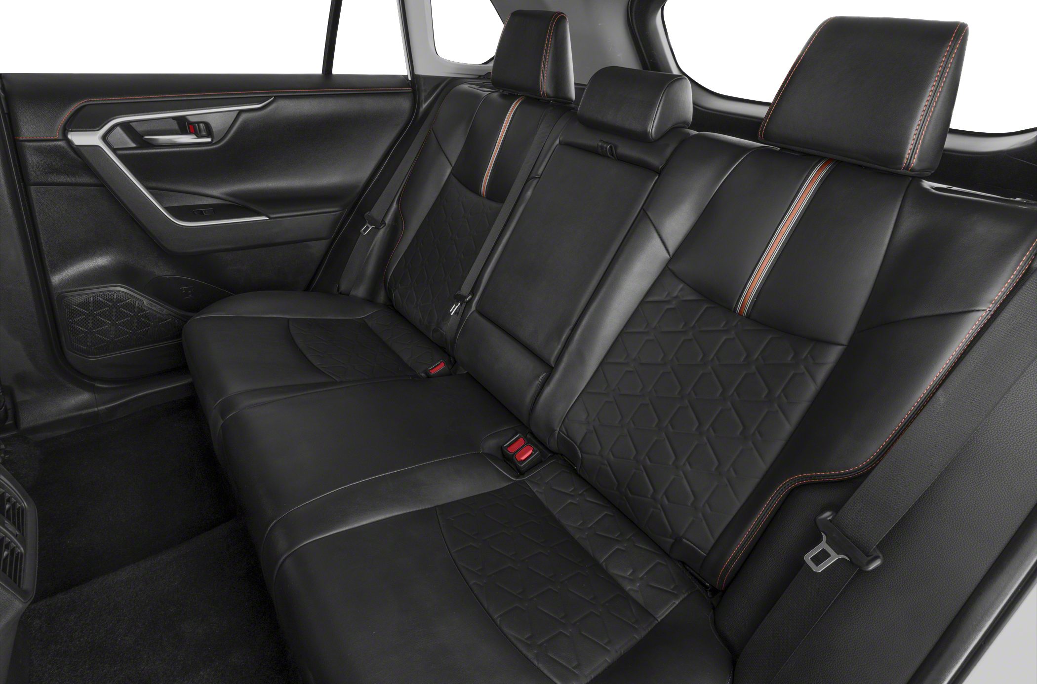 Rear black leather seats with red stitching and geometric pattern