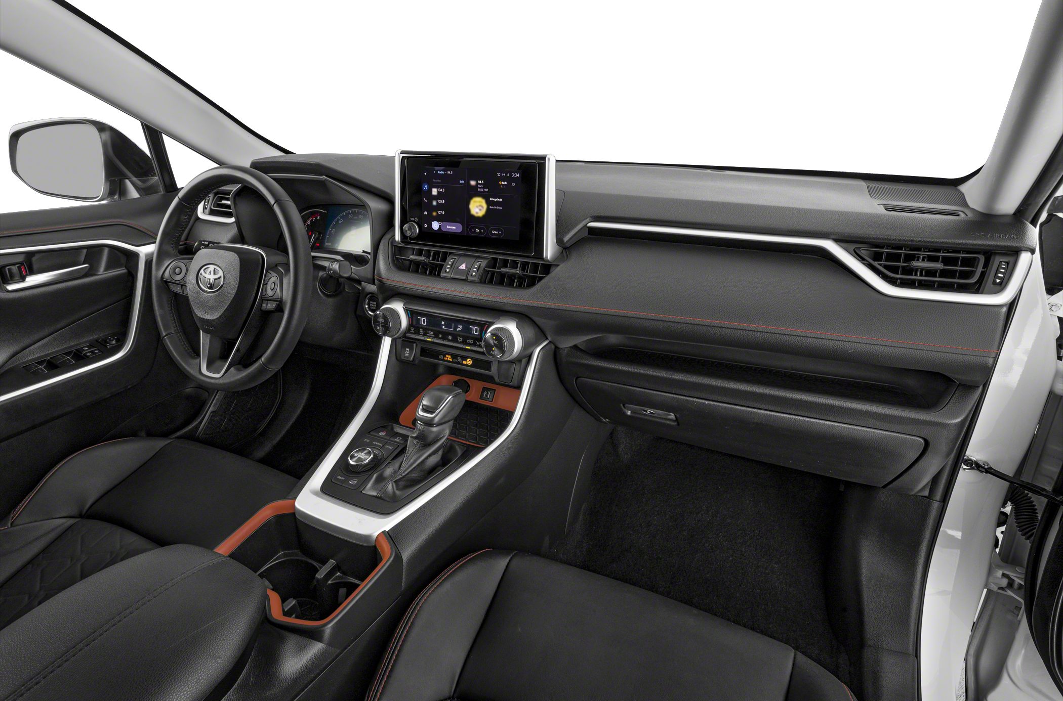 Touchscreen display and ergonomic gear shift in modern car interior