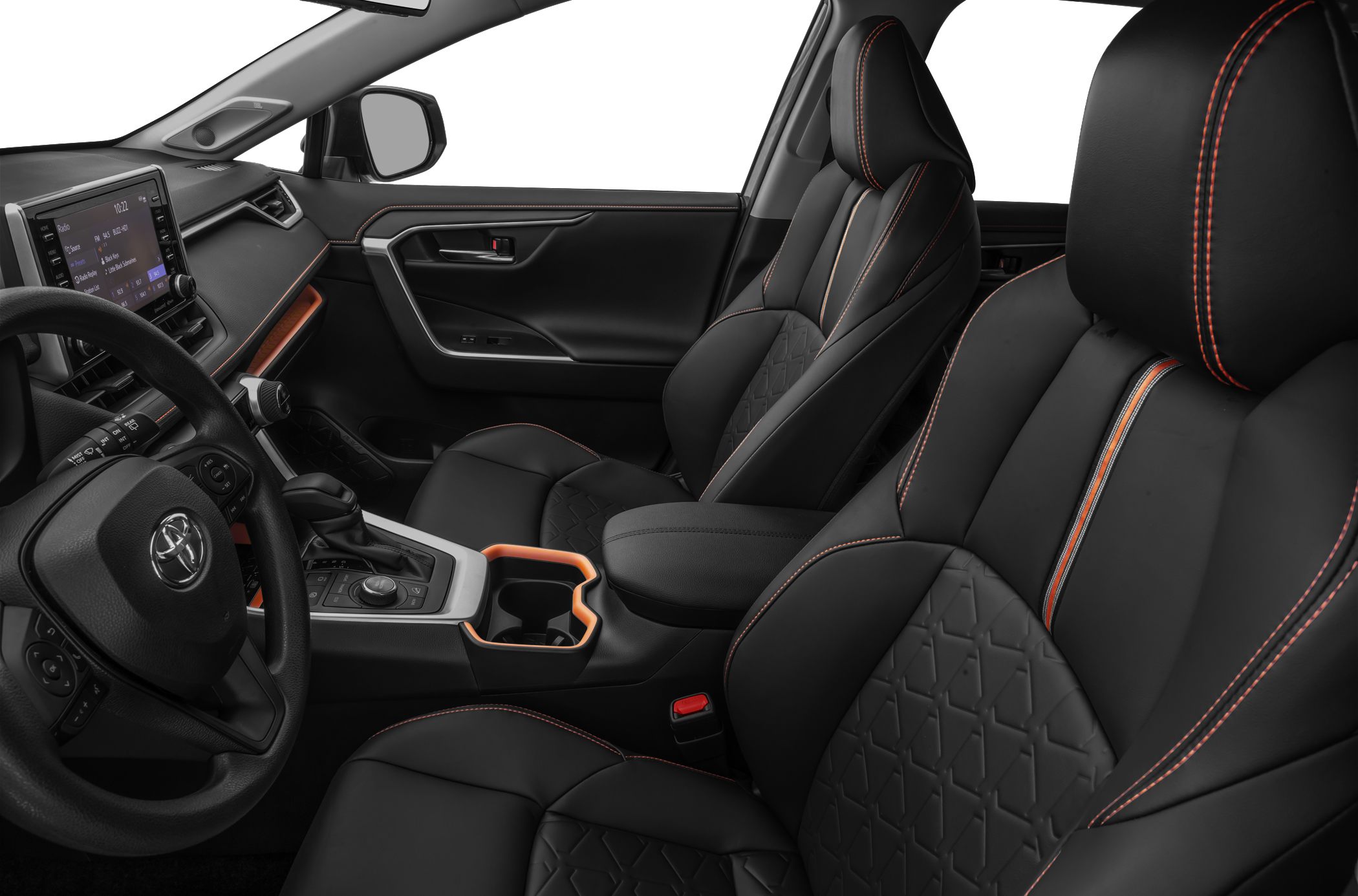Black leather seats with orange stitching and touchscreen dashboard