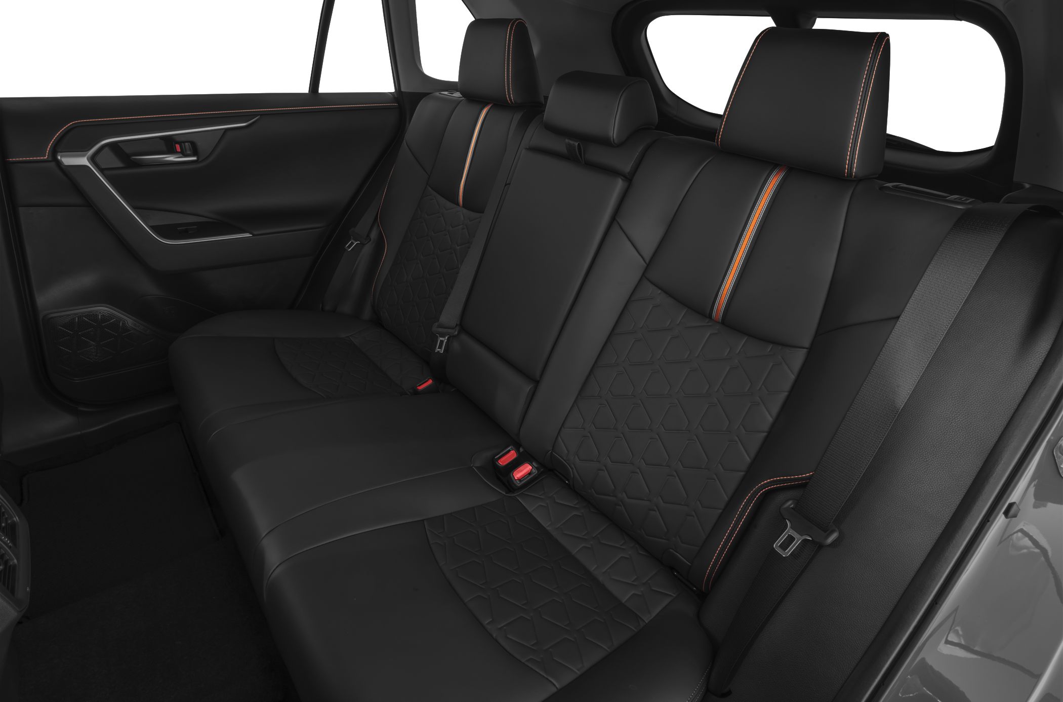 Rear seat interior with geometric patterned upholstery and contrast stitching