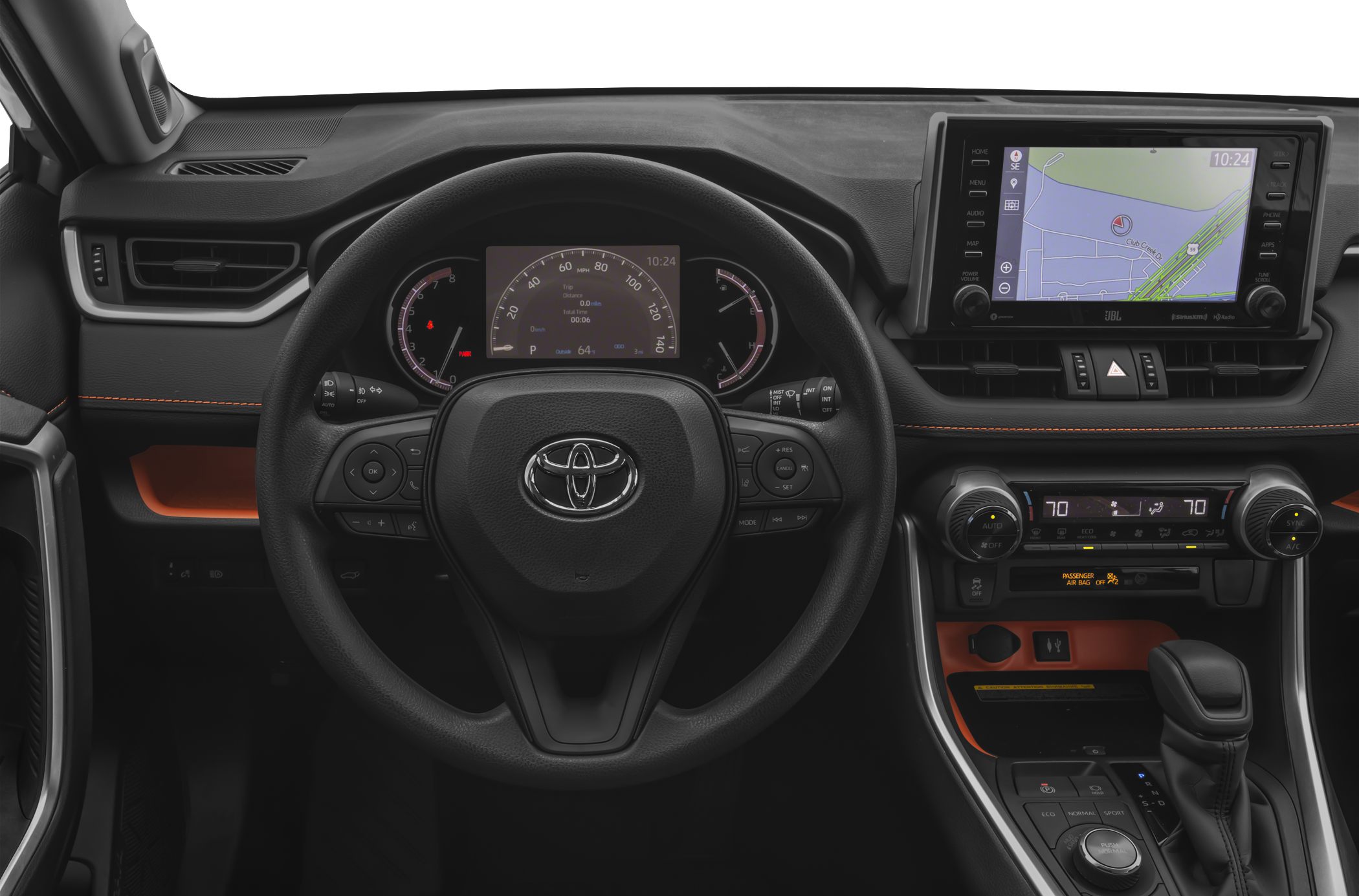 Steering wheel, digital dashboard, touchscreen navigation, and climate controls.
