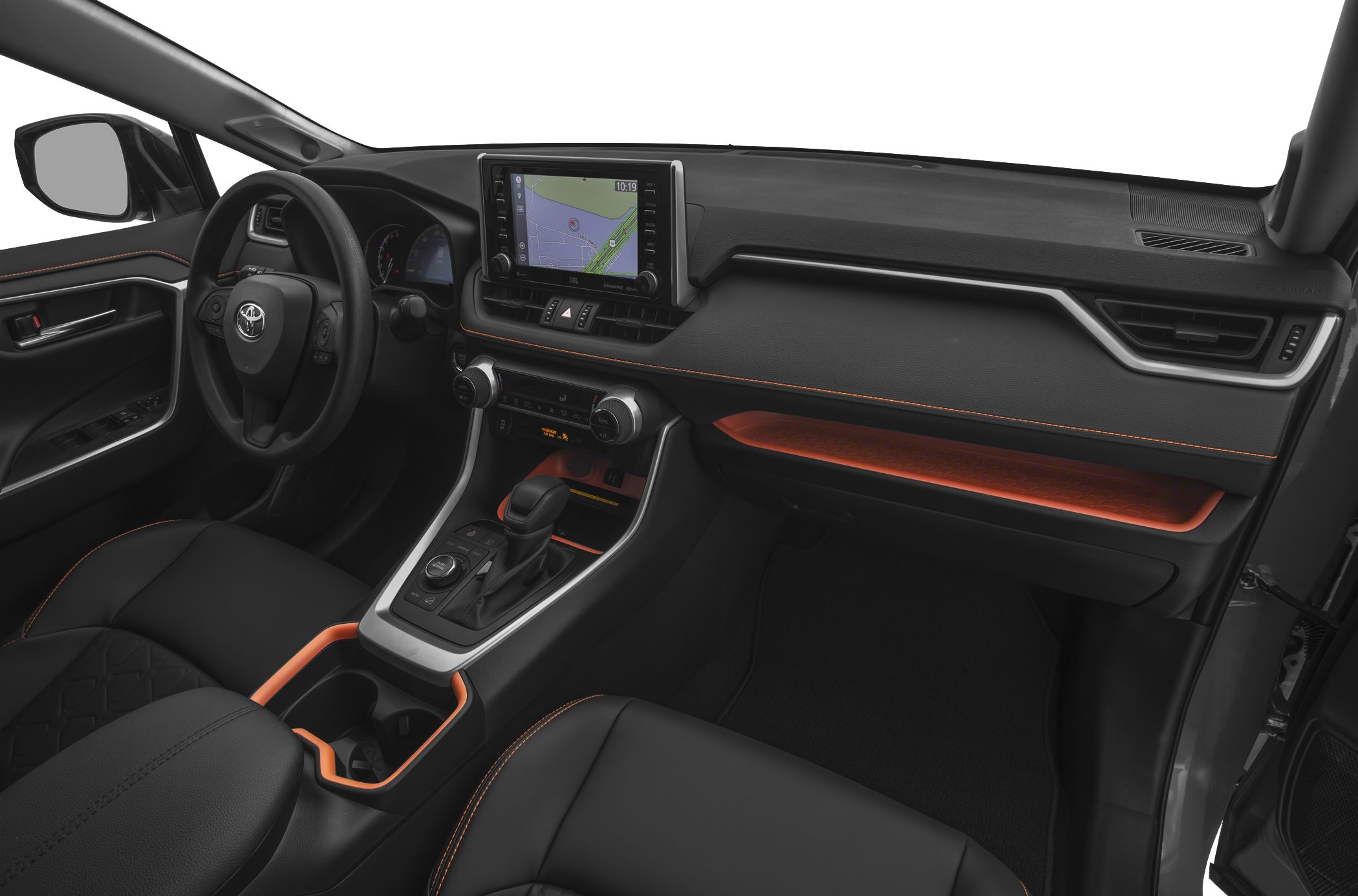 Modern dashboard and center console with infotainment in mid-size SUV interior