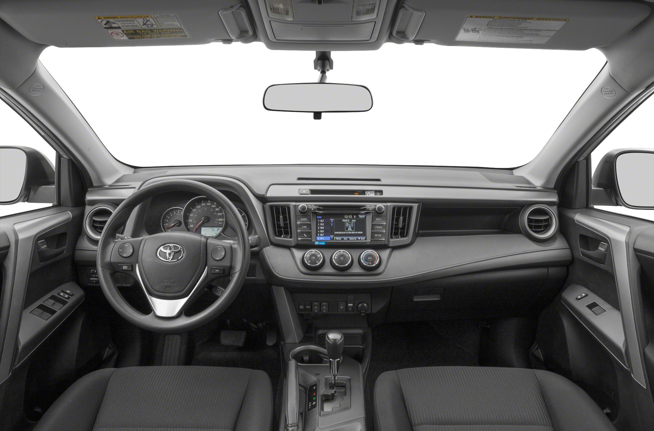 Interior dashboard and steering wheel with instrument cluster and center console
