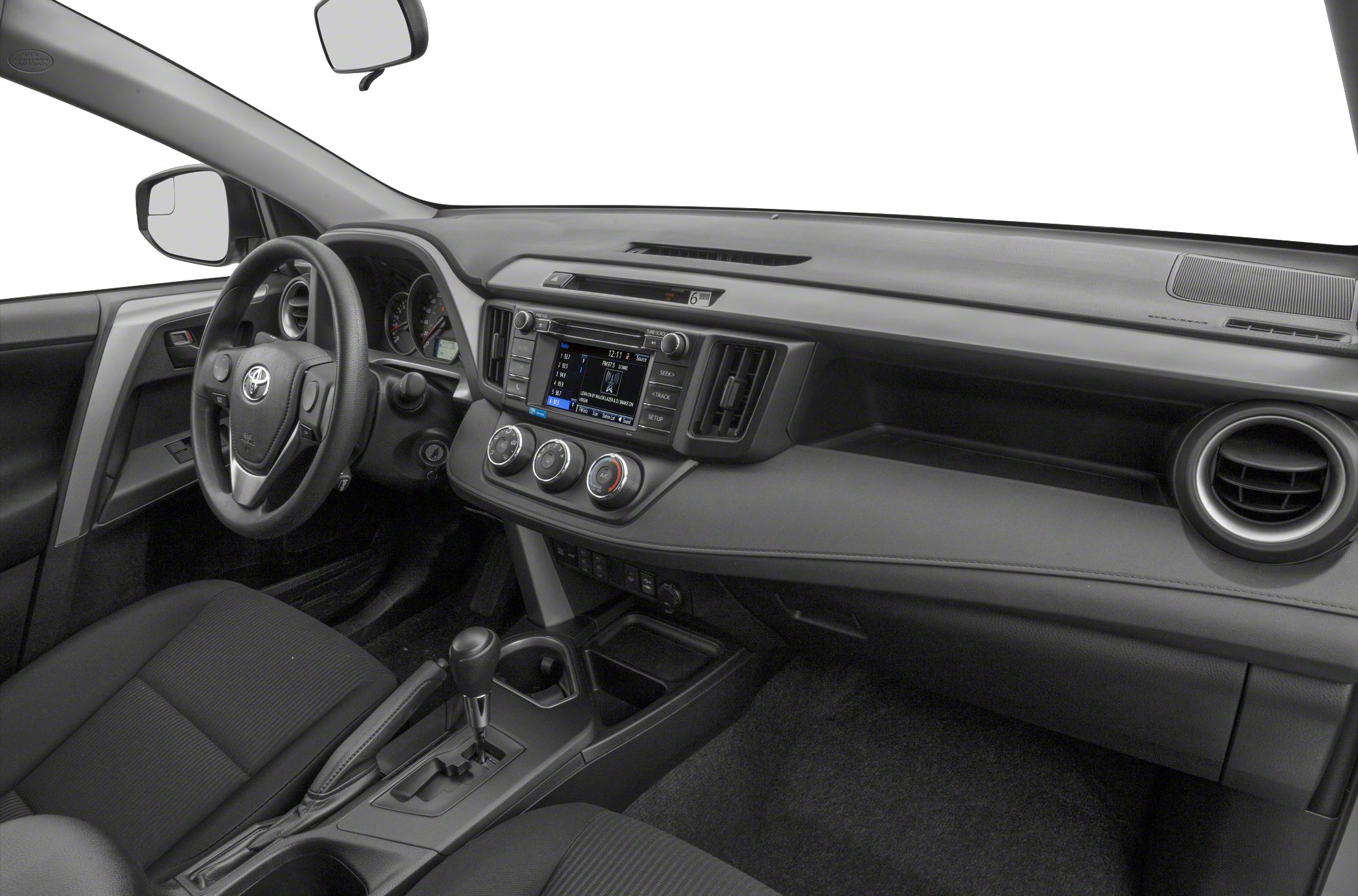 Dashboard, center console, and steering wheel with infotainment and climate controls