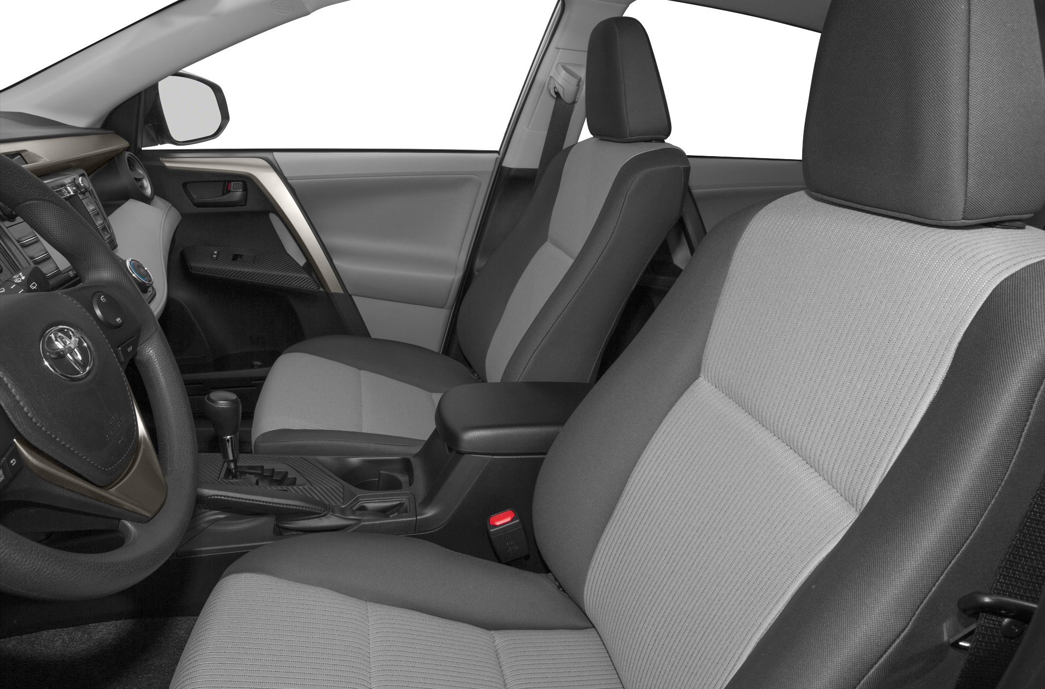 Front fabric upholstered seats and dashboard with gear lever