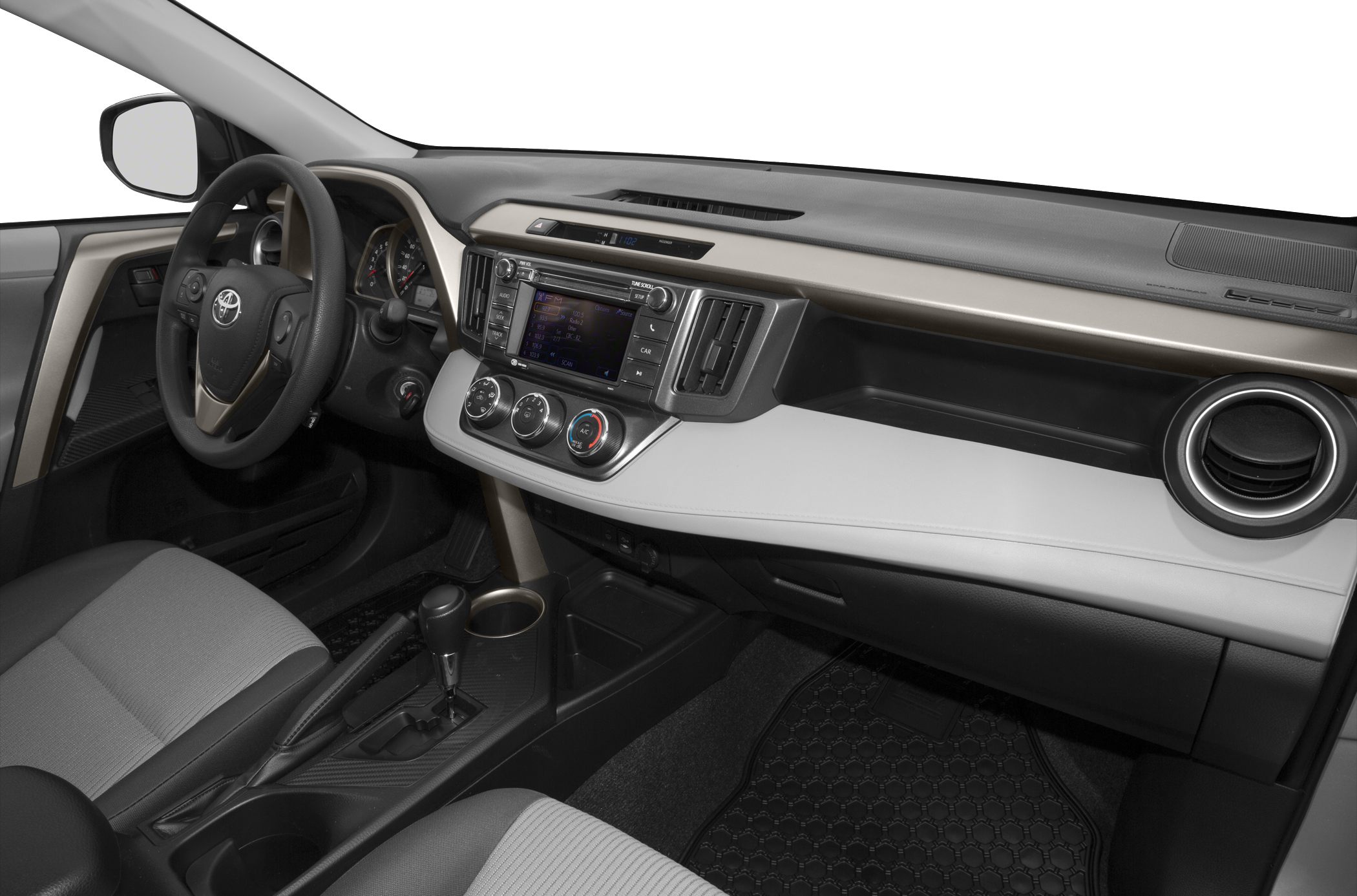 Dashboard, steering wheel, and center console with infotainment and climate controls