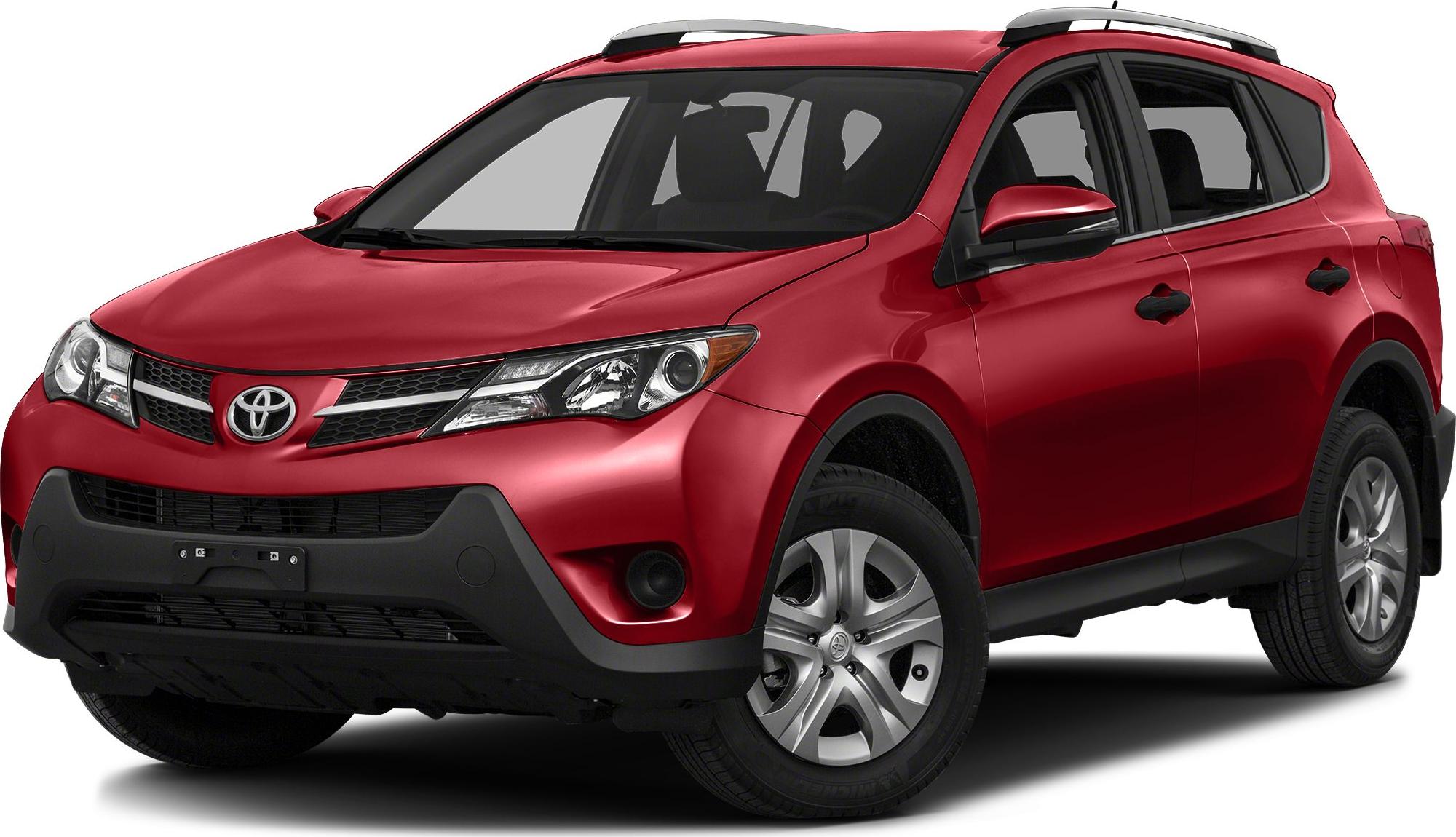 Front side view of a red compact SUV with alloy wheels and roof rails