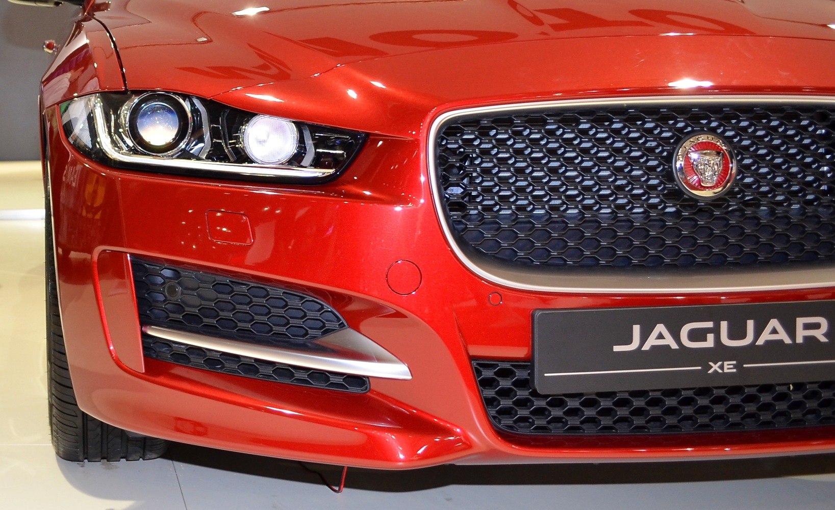 Close-up of front grille and headlight with honeycomb pattern