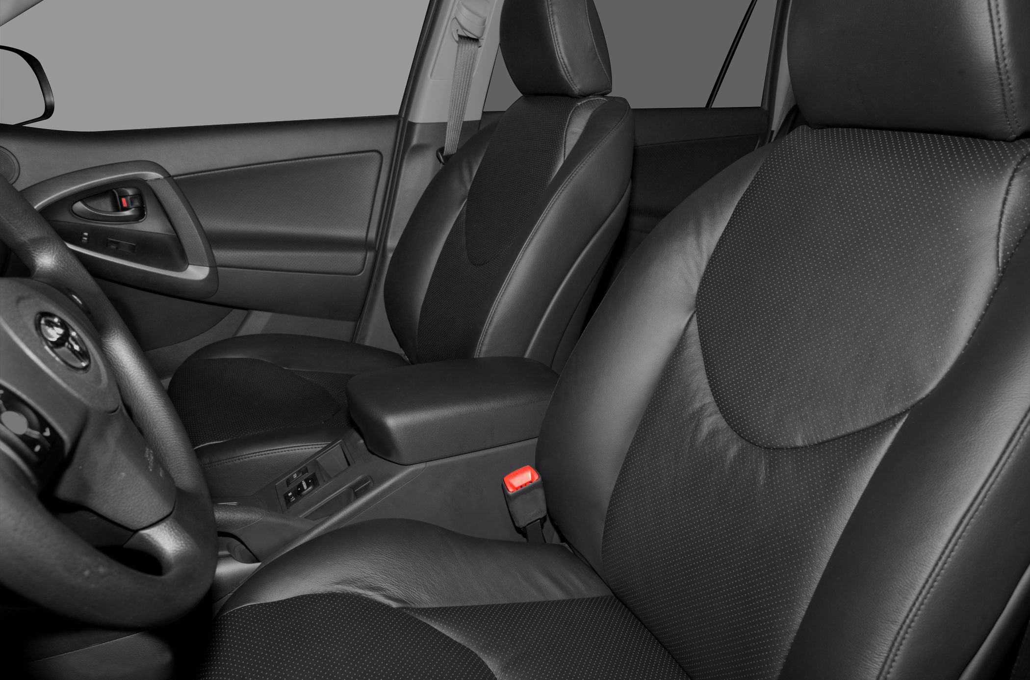 Leather front seats and door panel in vehicle interior