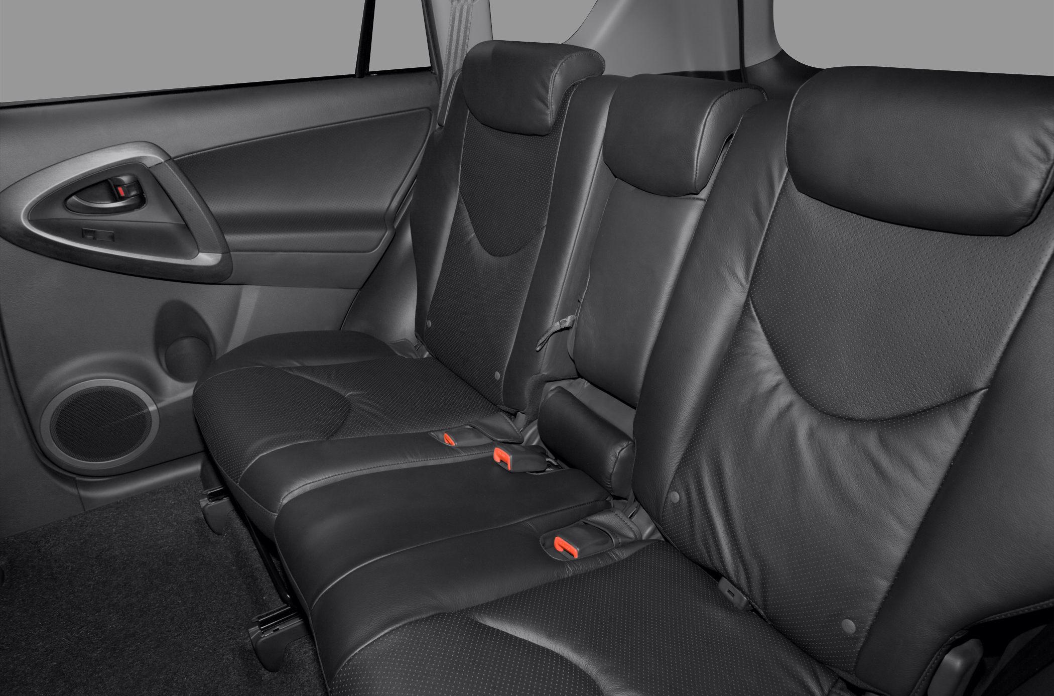 Rear seat interior with leather upholstery and headrests