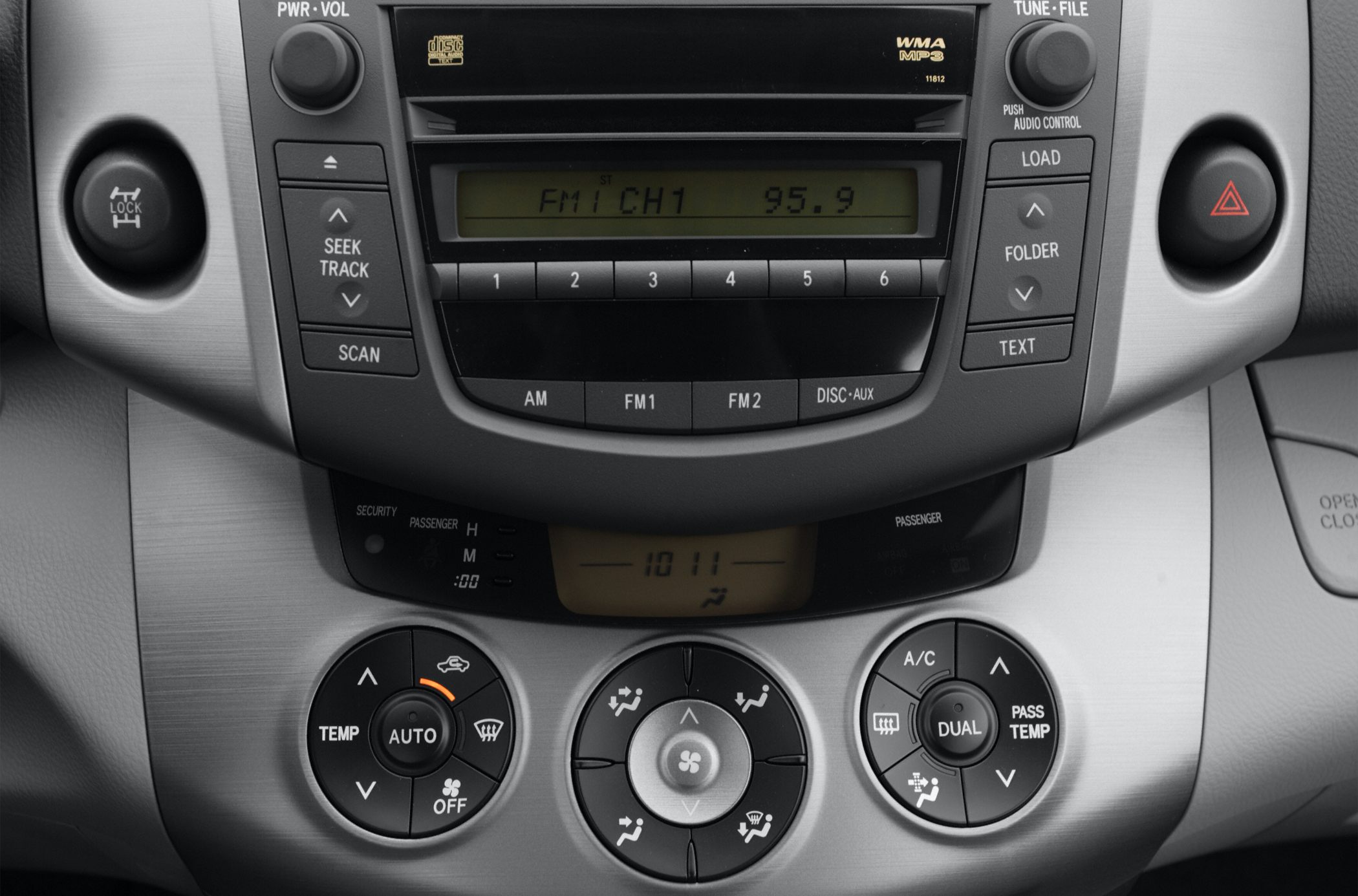 Car stereo system and climate control panel with buttons and digital display