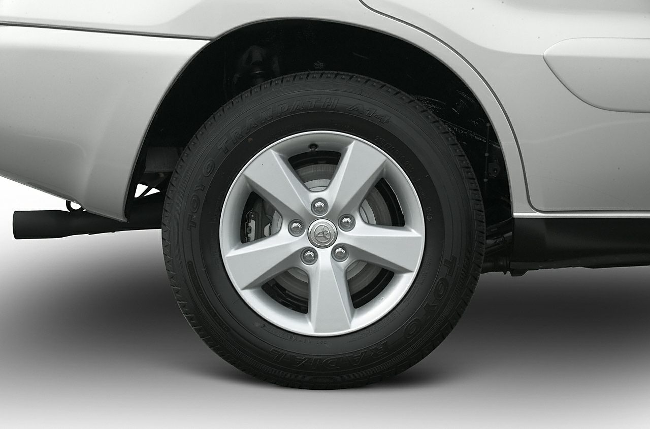 Rear five-spoke alloy wheel and Toyo radial tire close-up