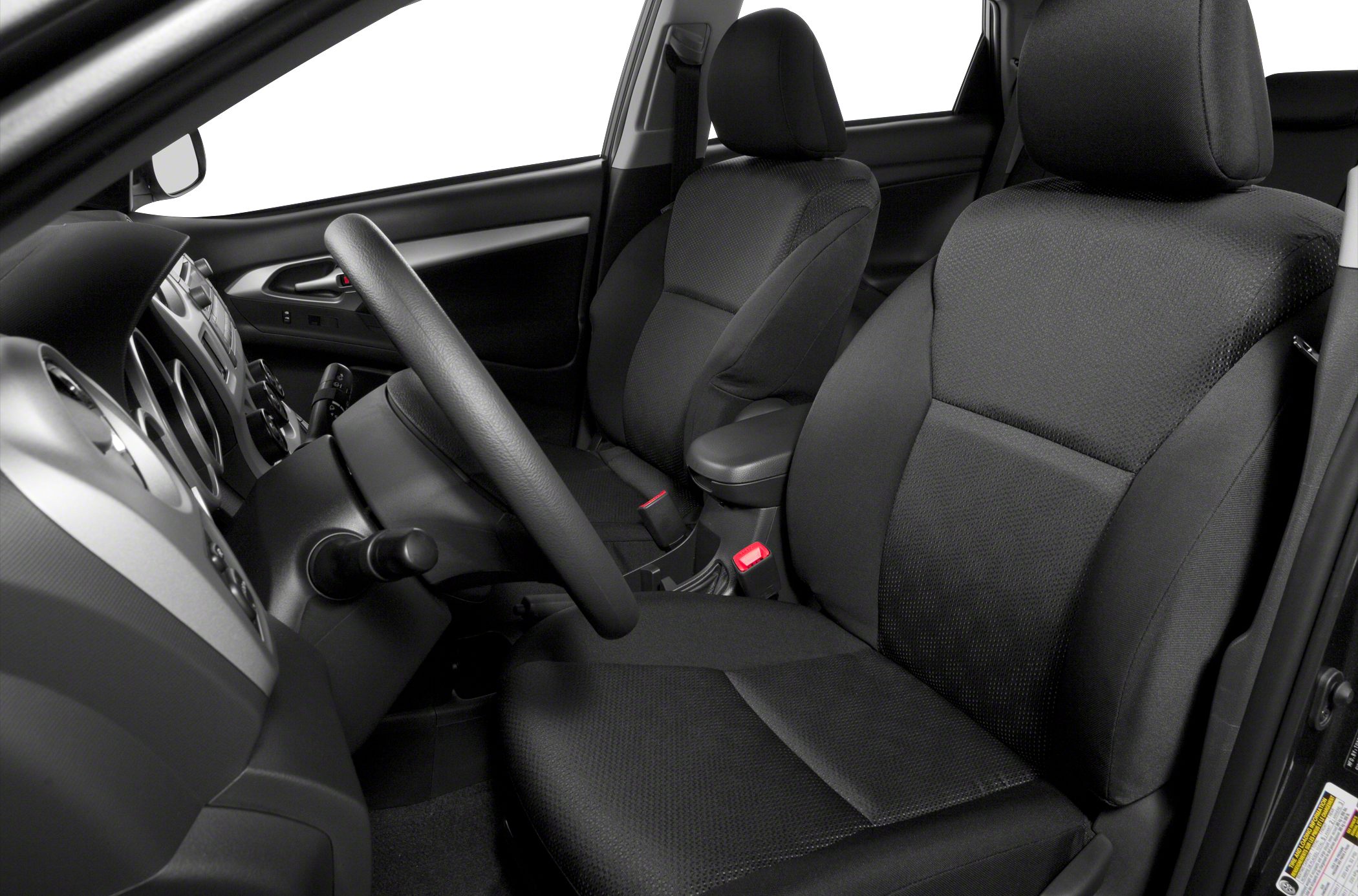 Front fabric seats and dashboard interior with steering wheel