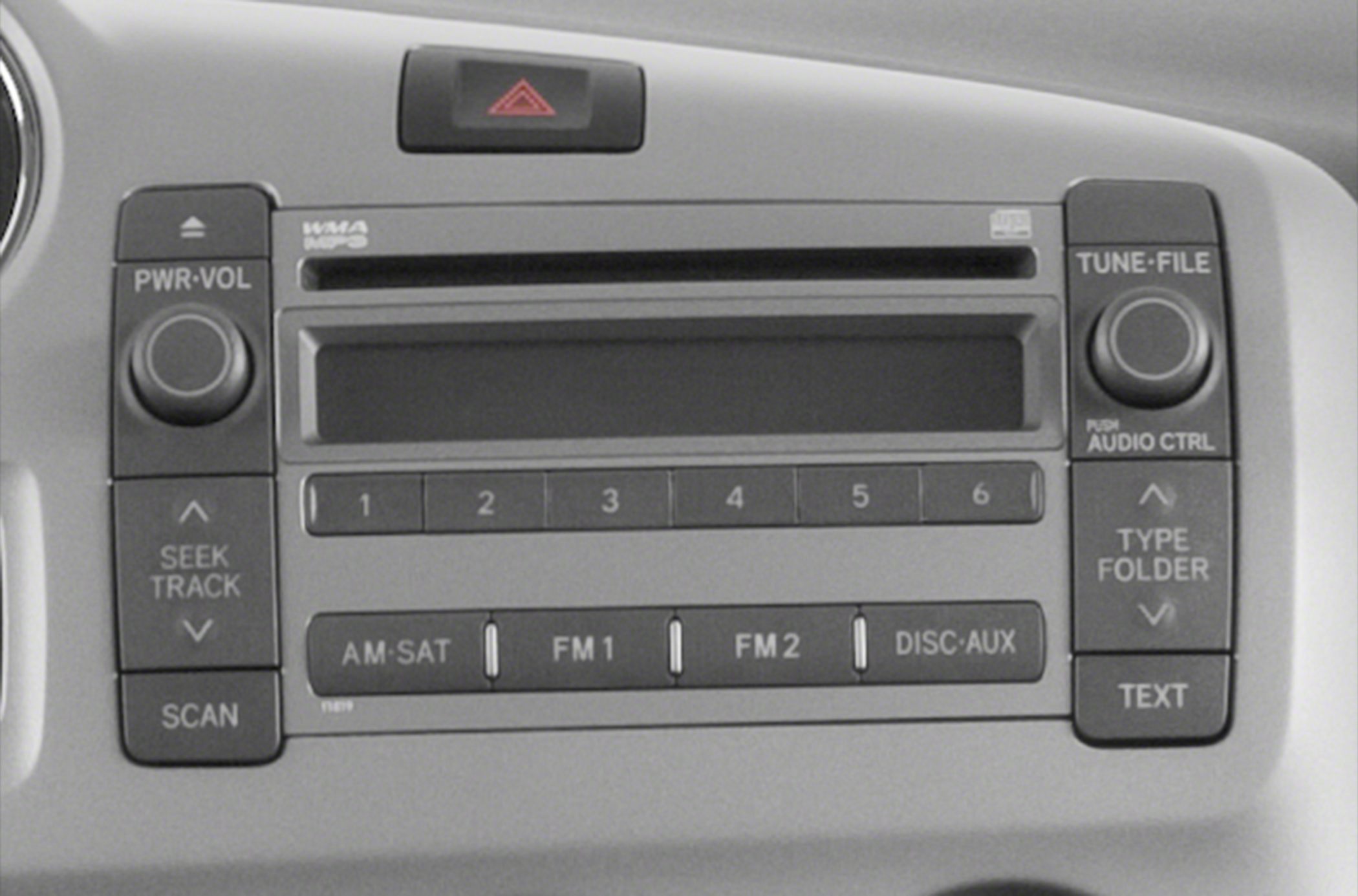 Close-up of car stereo system with AM, FM, CD, and auxiliary controls