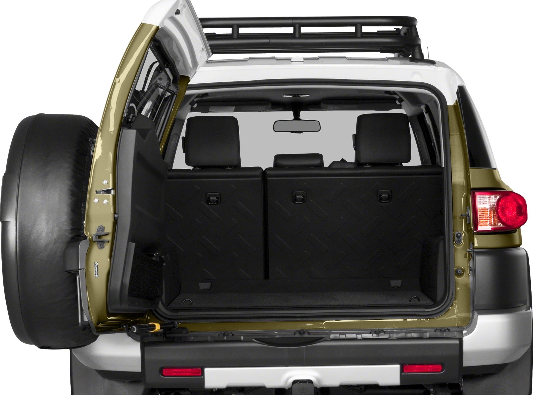 Open rear tailgate with cargo space and rear seats