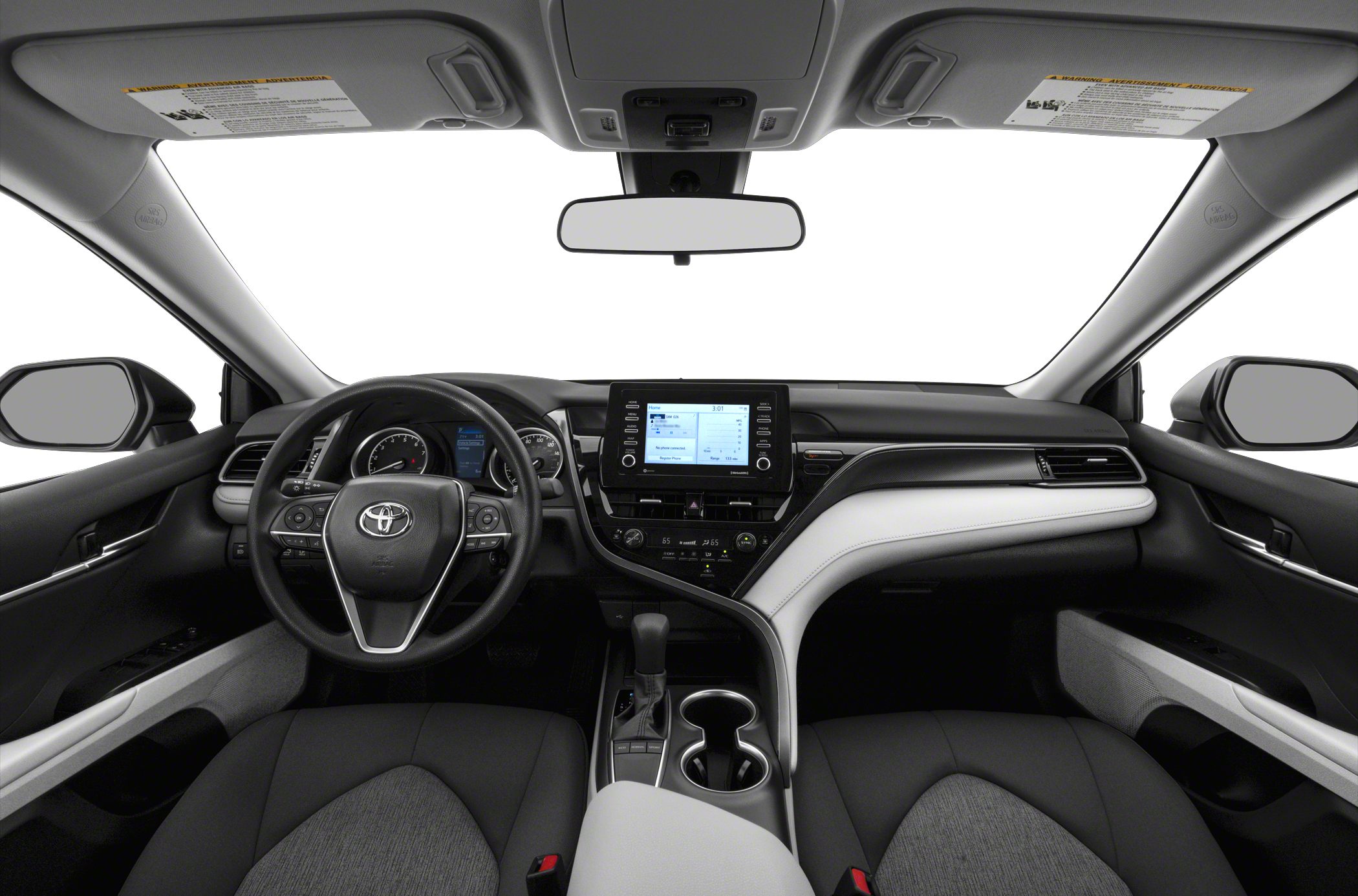 Interior dashboard and steering wheel with touchscreen and controls