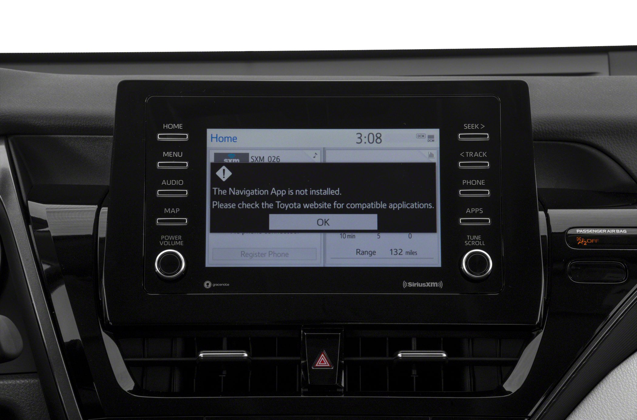 Touchscreen infotainment display showing navigation app missing alert.