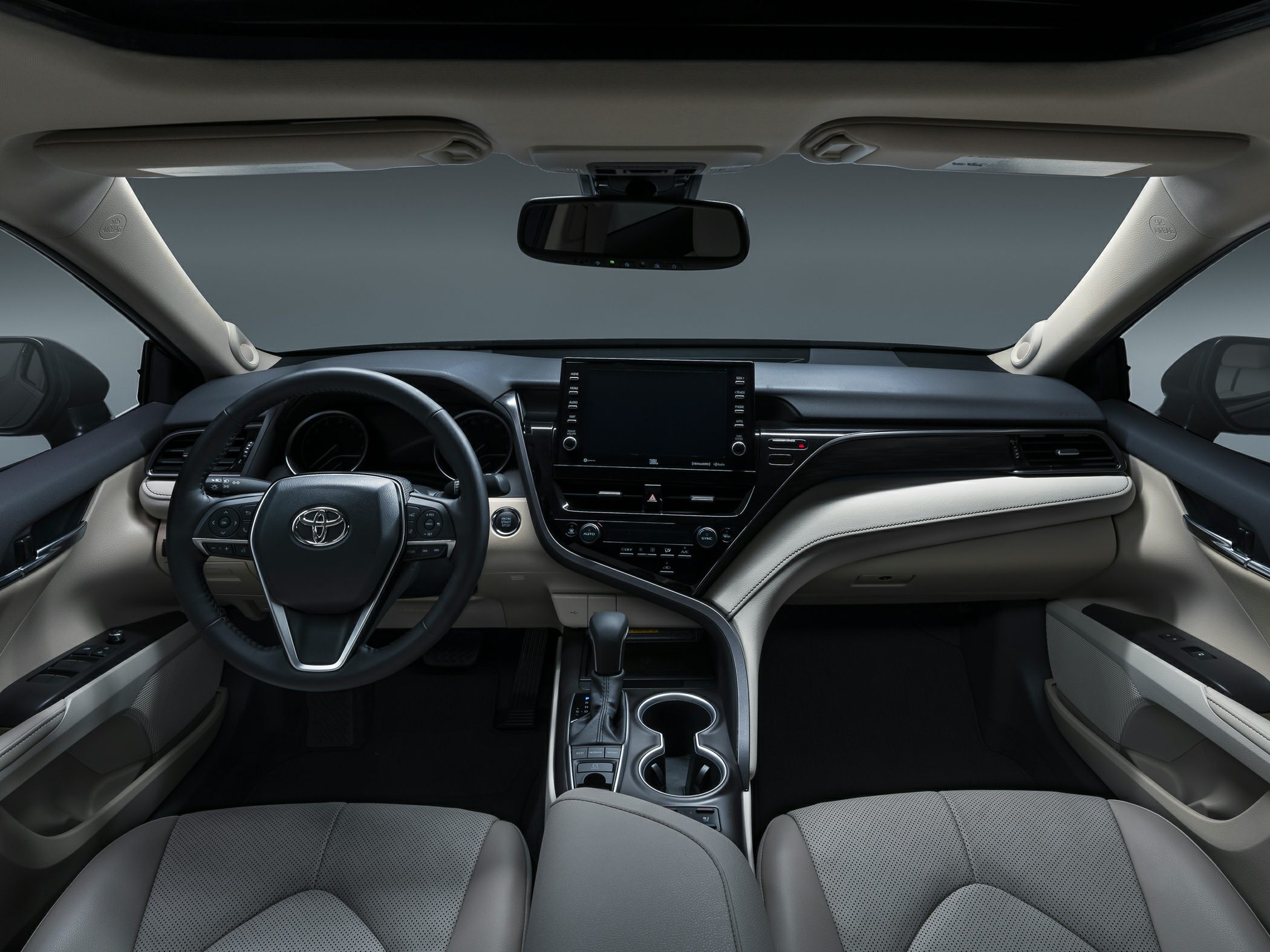 Modern car interior with touchscreen infotainment and multifunction steering wheel