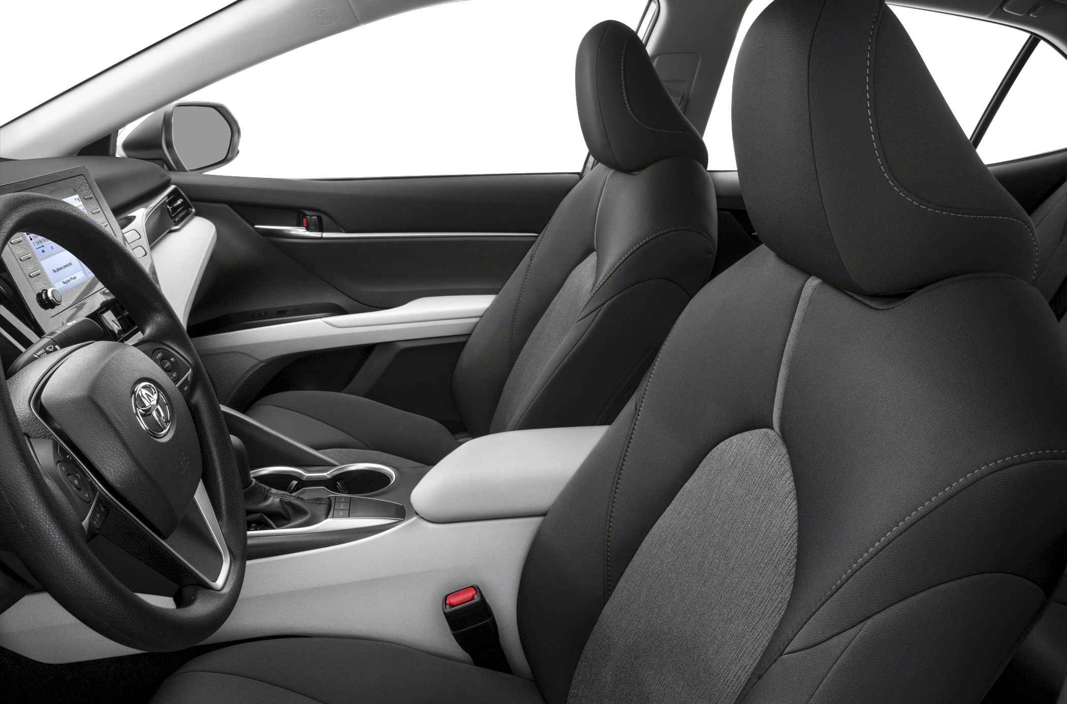 Modern front seats and dashboard with touchscreen and console in a mid-size sedan