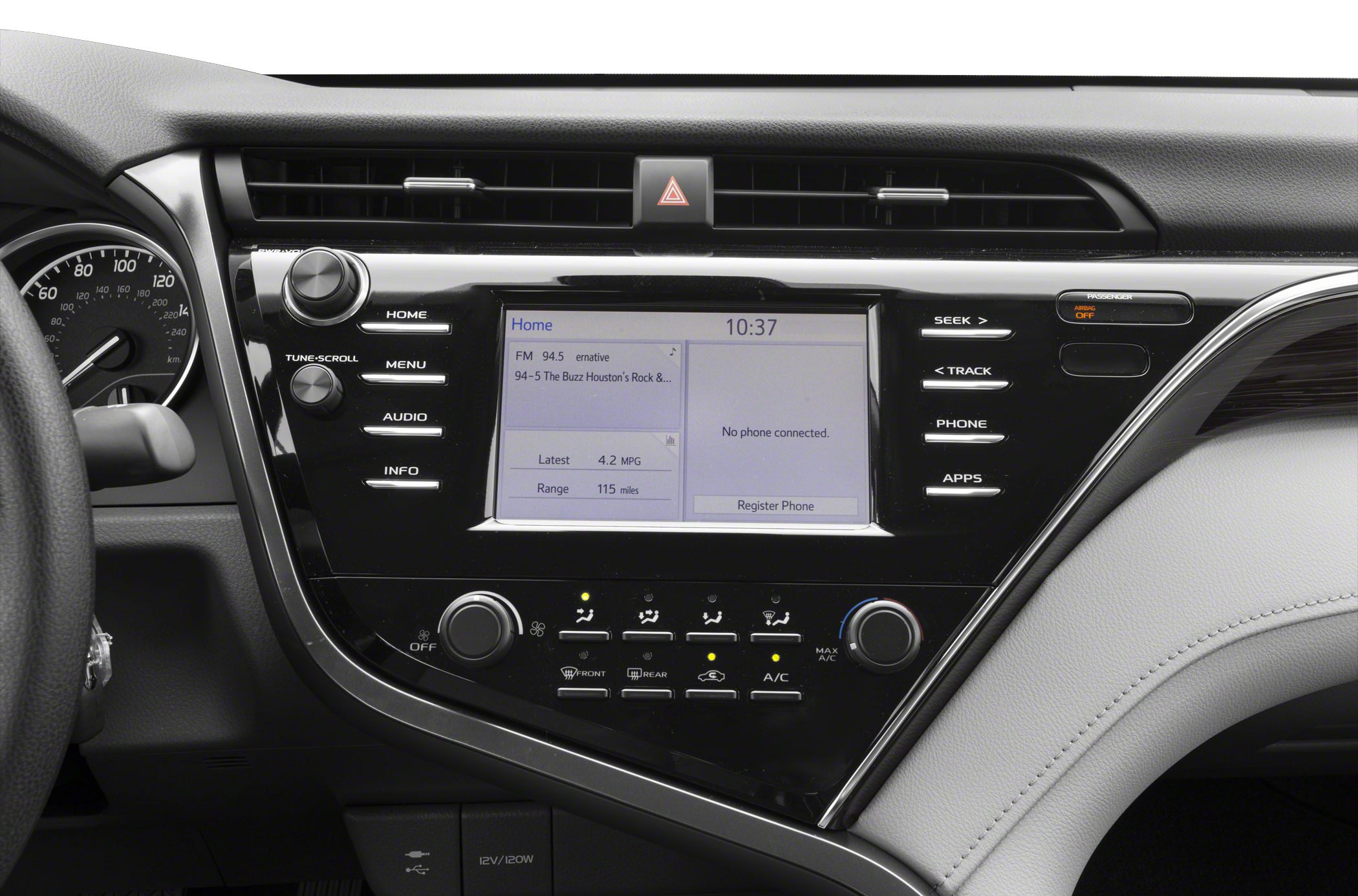 Infotainment system and climate control panel with digital display and control knobs