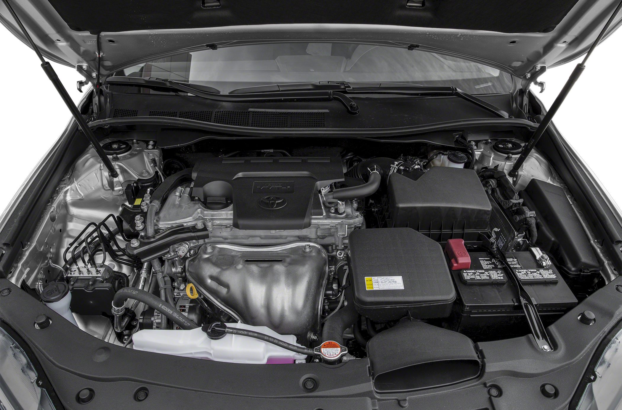 Engine bay with detailed components and layout under the hood.