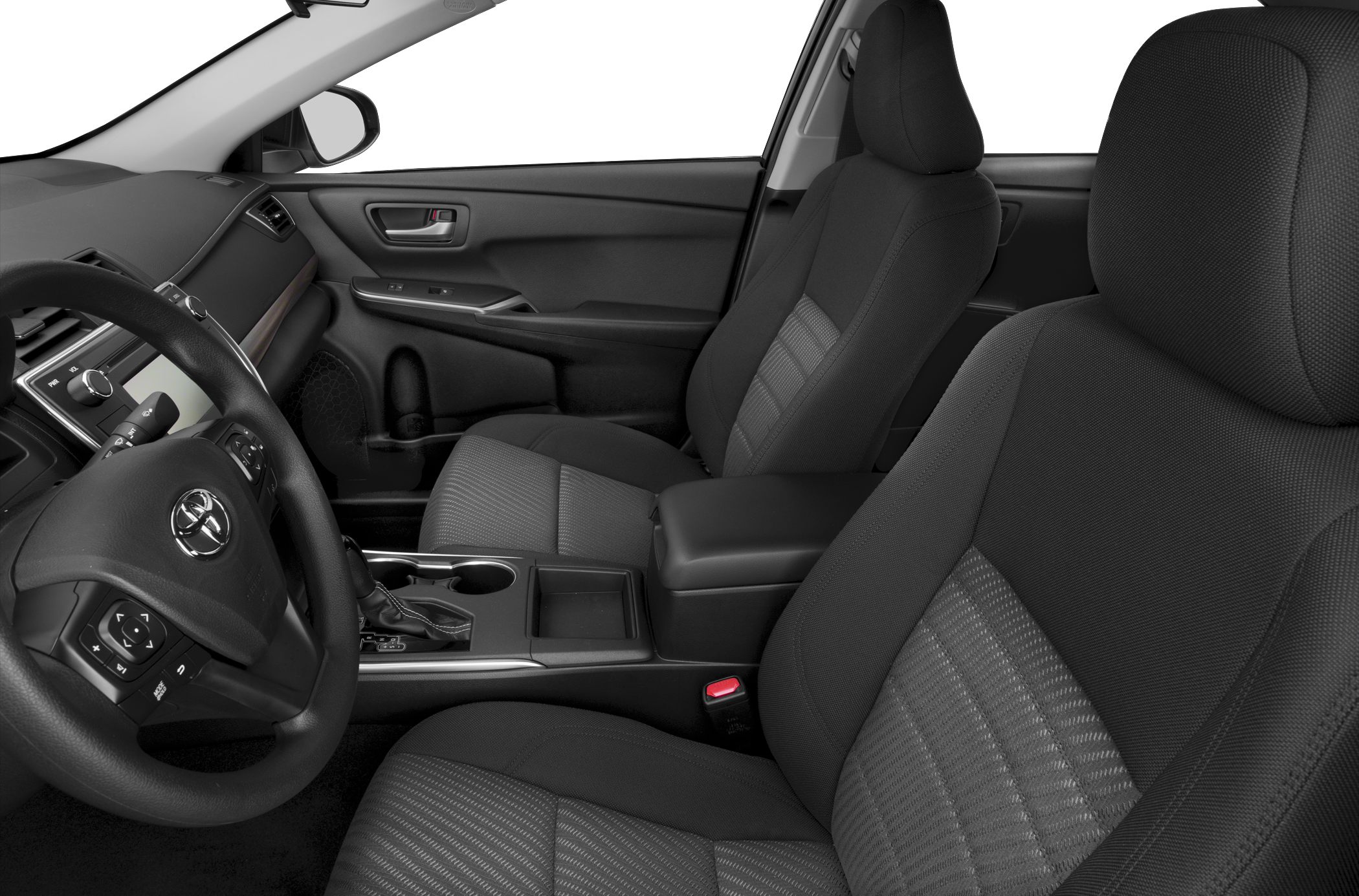 Front seats, steering wheel, and dashboard interior layout