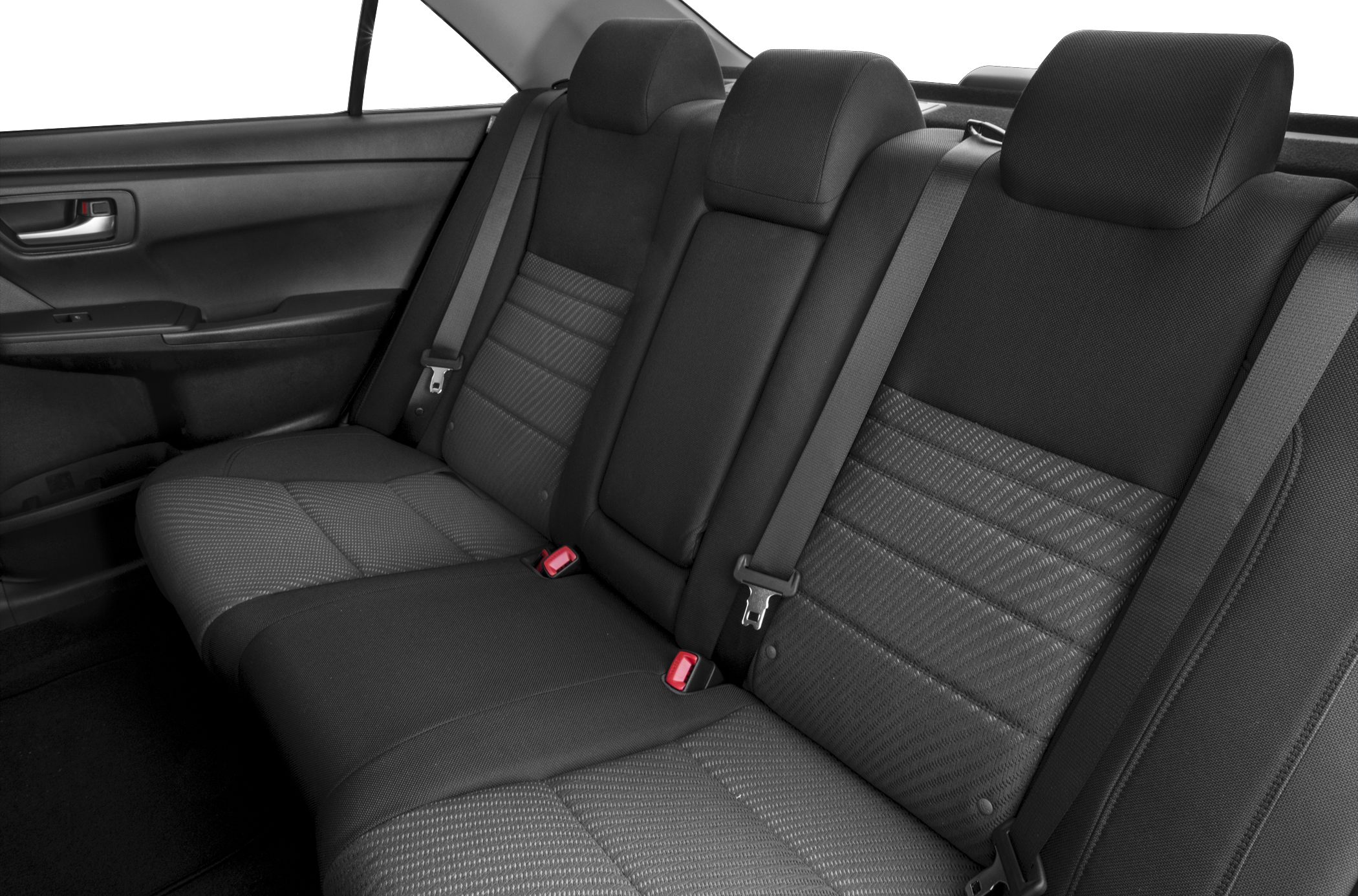 Rear seat upholstery with fabric design and seatbelts