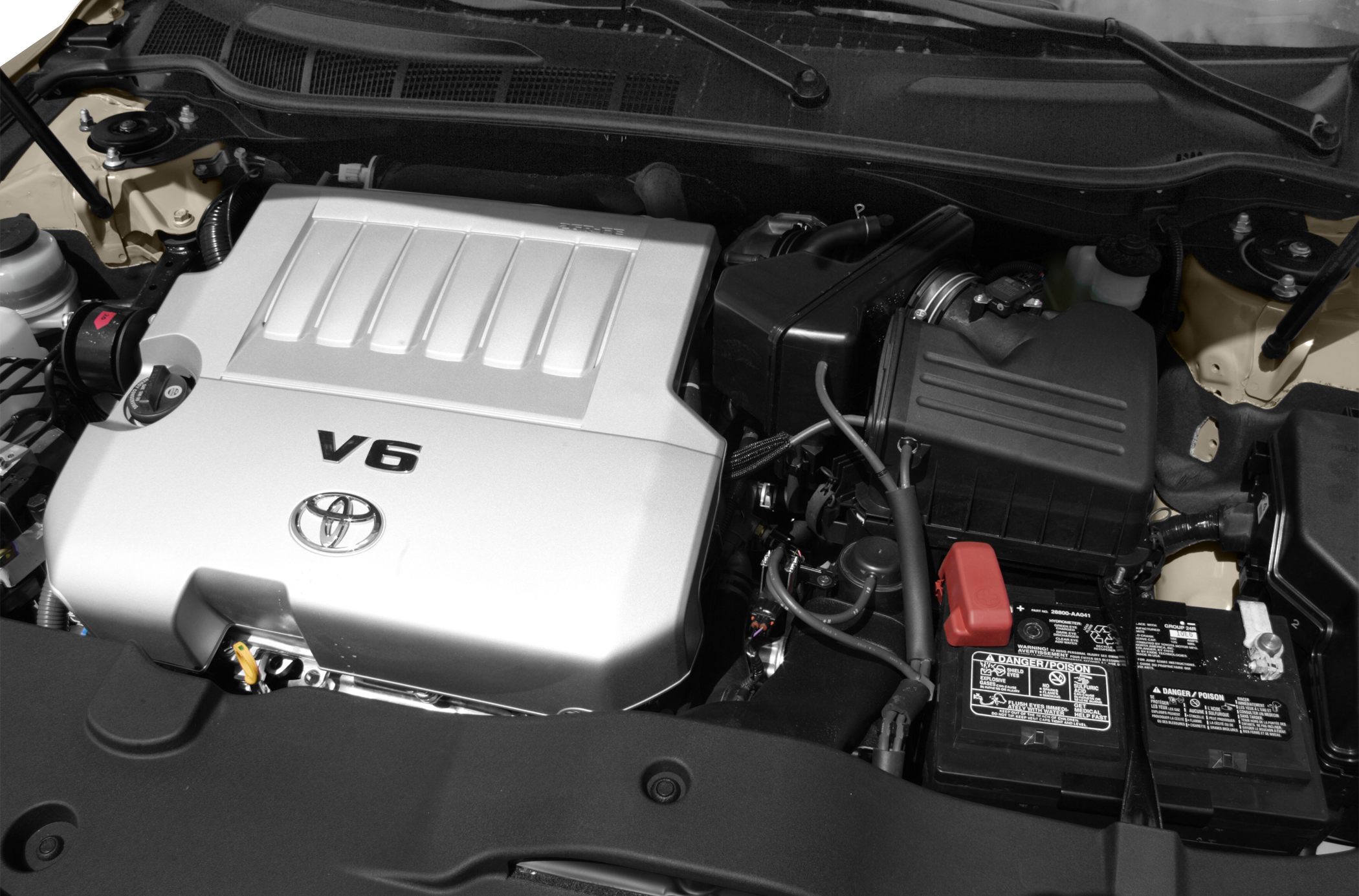 V6 engine cover and battery in engine bay