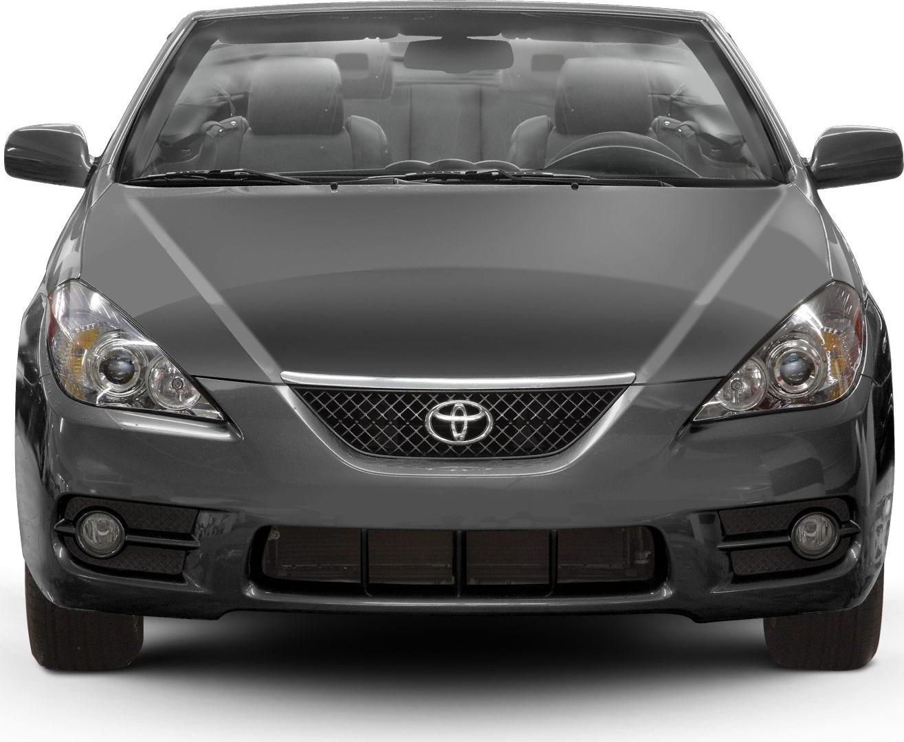 Front view with twin headlights, mesh grille, and fog lights of a convertible.