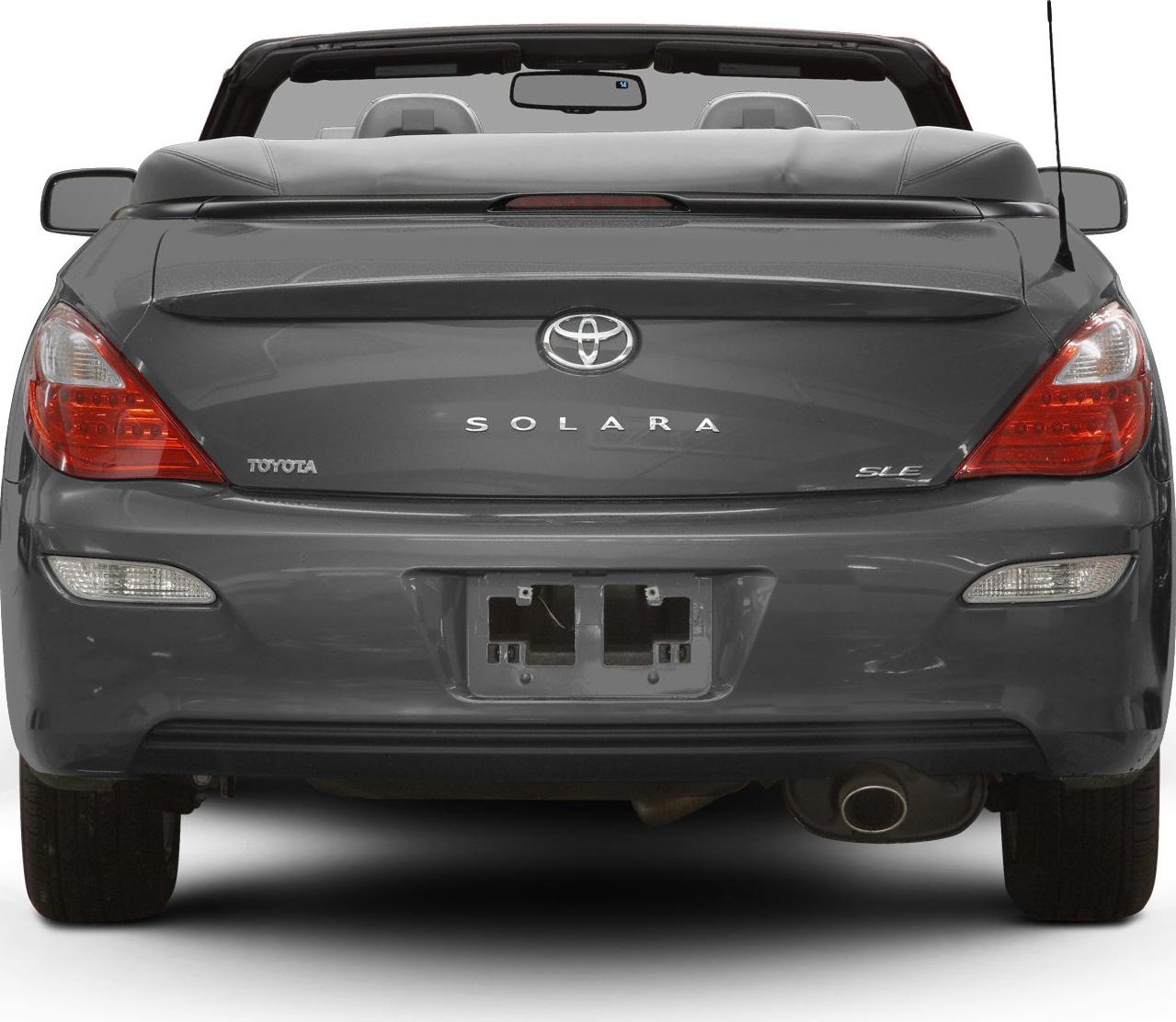 Rear view of convertible with taillights, badge, exhaust, and folded soft top