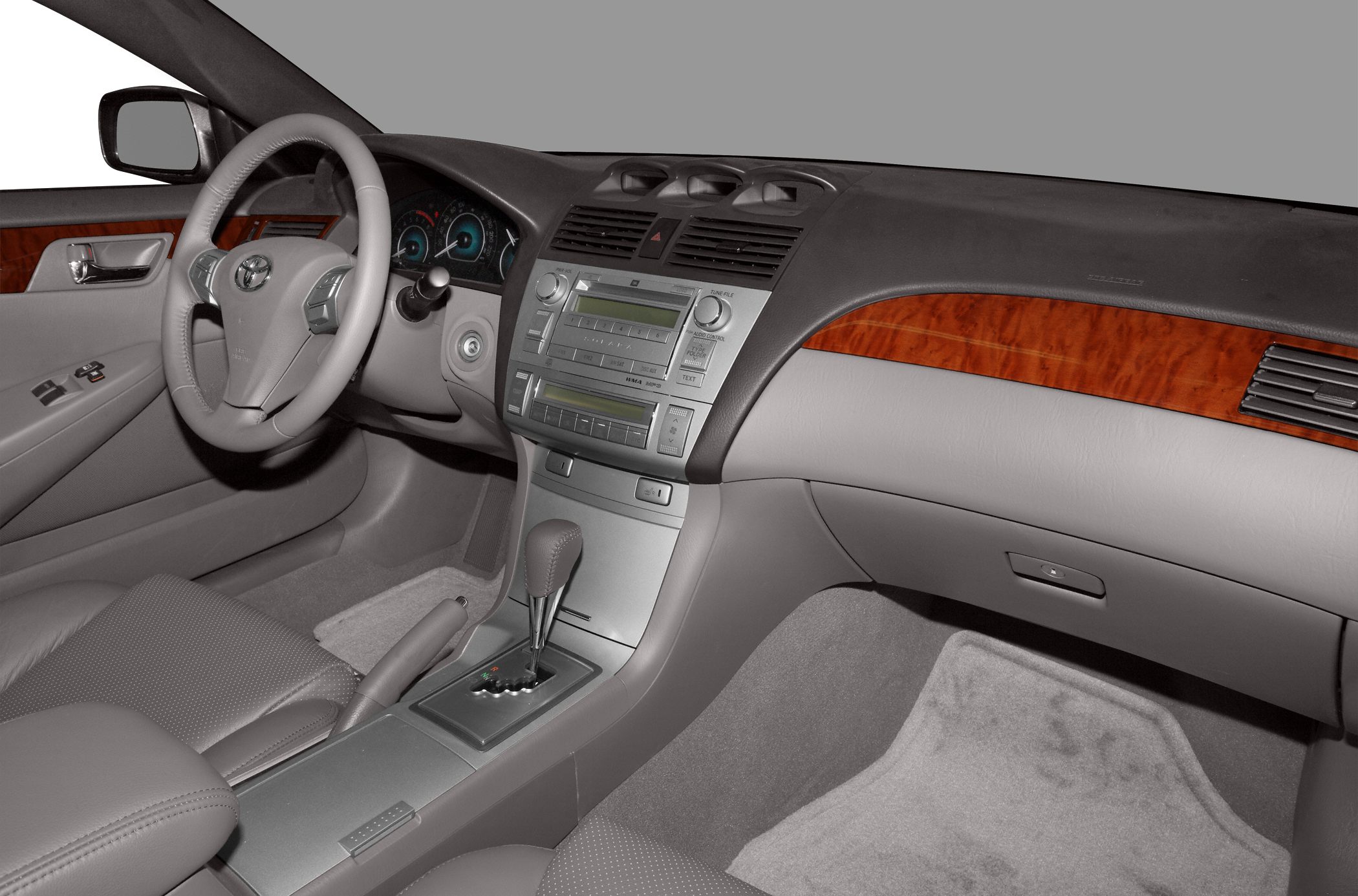 Dashboard and steering wheel with wood trim and automatic gear shift