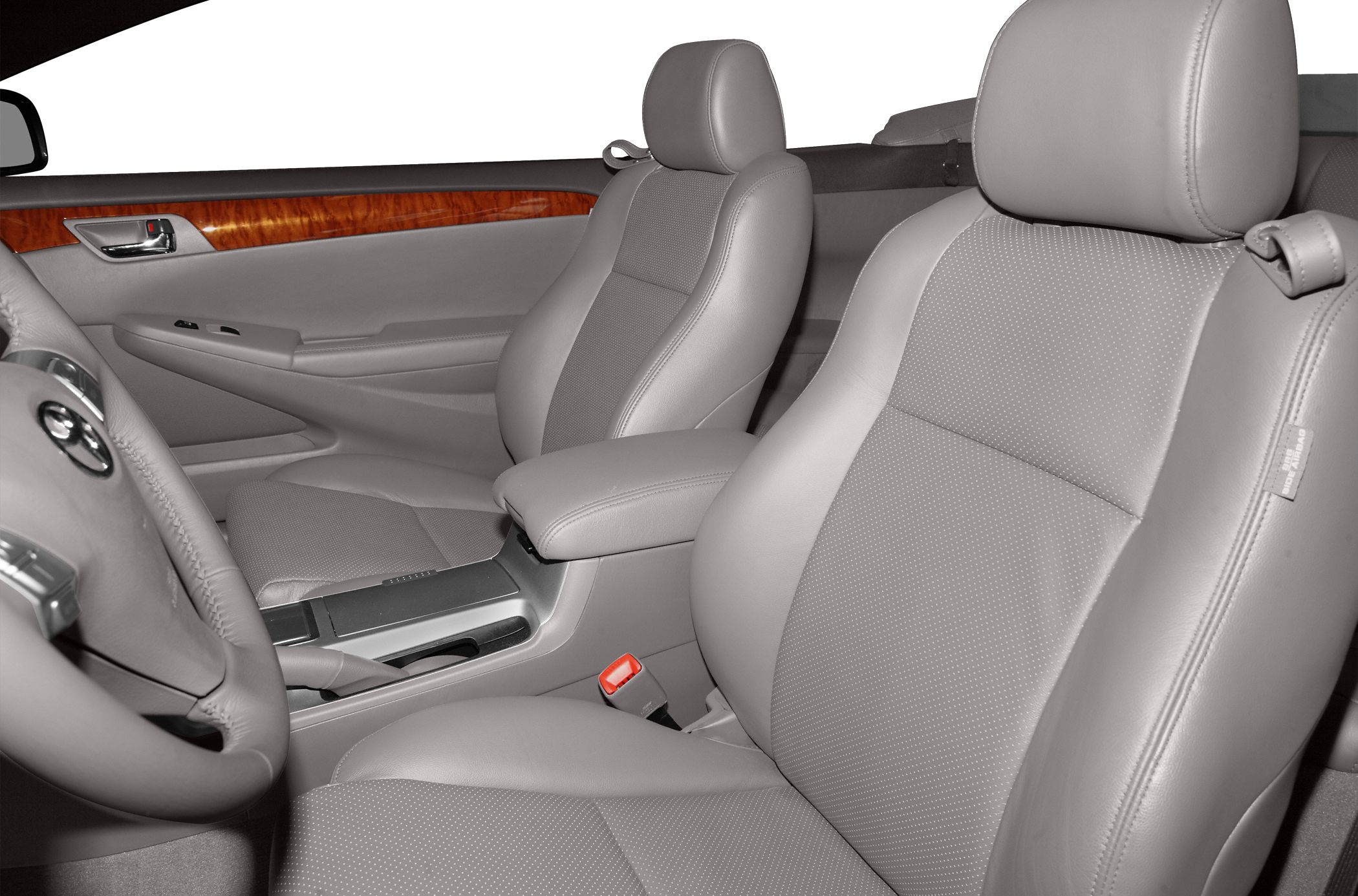 Leather front seats and wood trim inside convertible