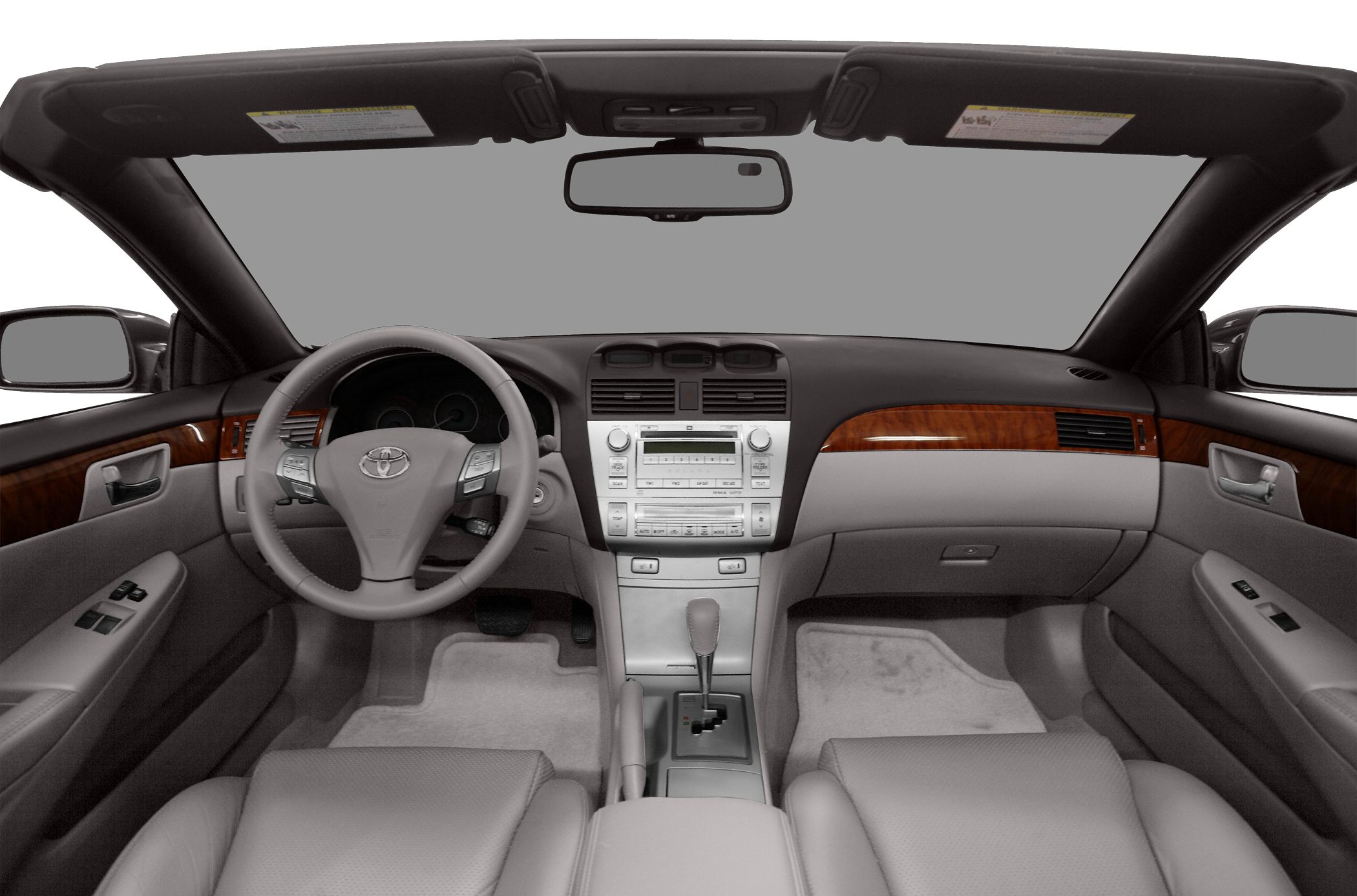 Convertible interior with dashboard, steering wheel, and center console