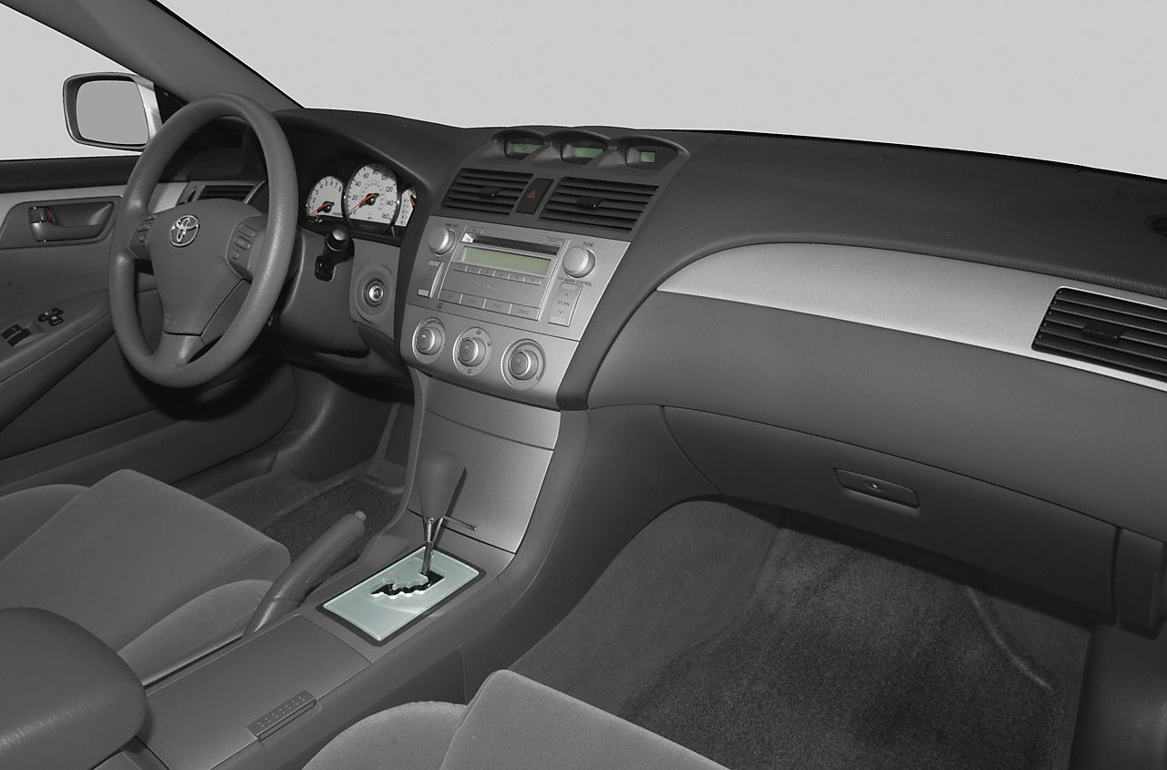 Dashboard and center console interior with steering wheel and gear shifter