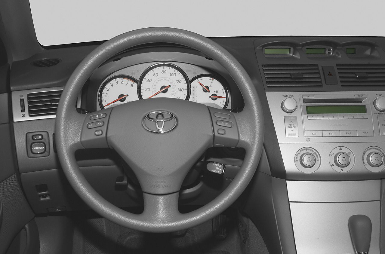 Dashboard and steering wheel with control buttons and instrument cluster