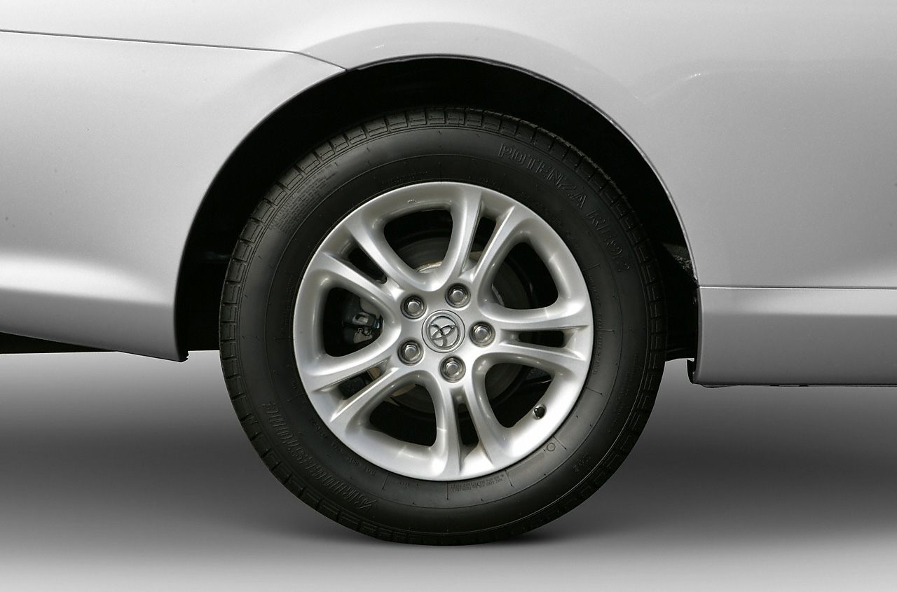 Close-up of alloy wheel and tire on vehicle side